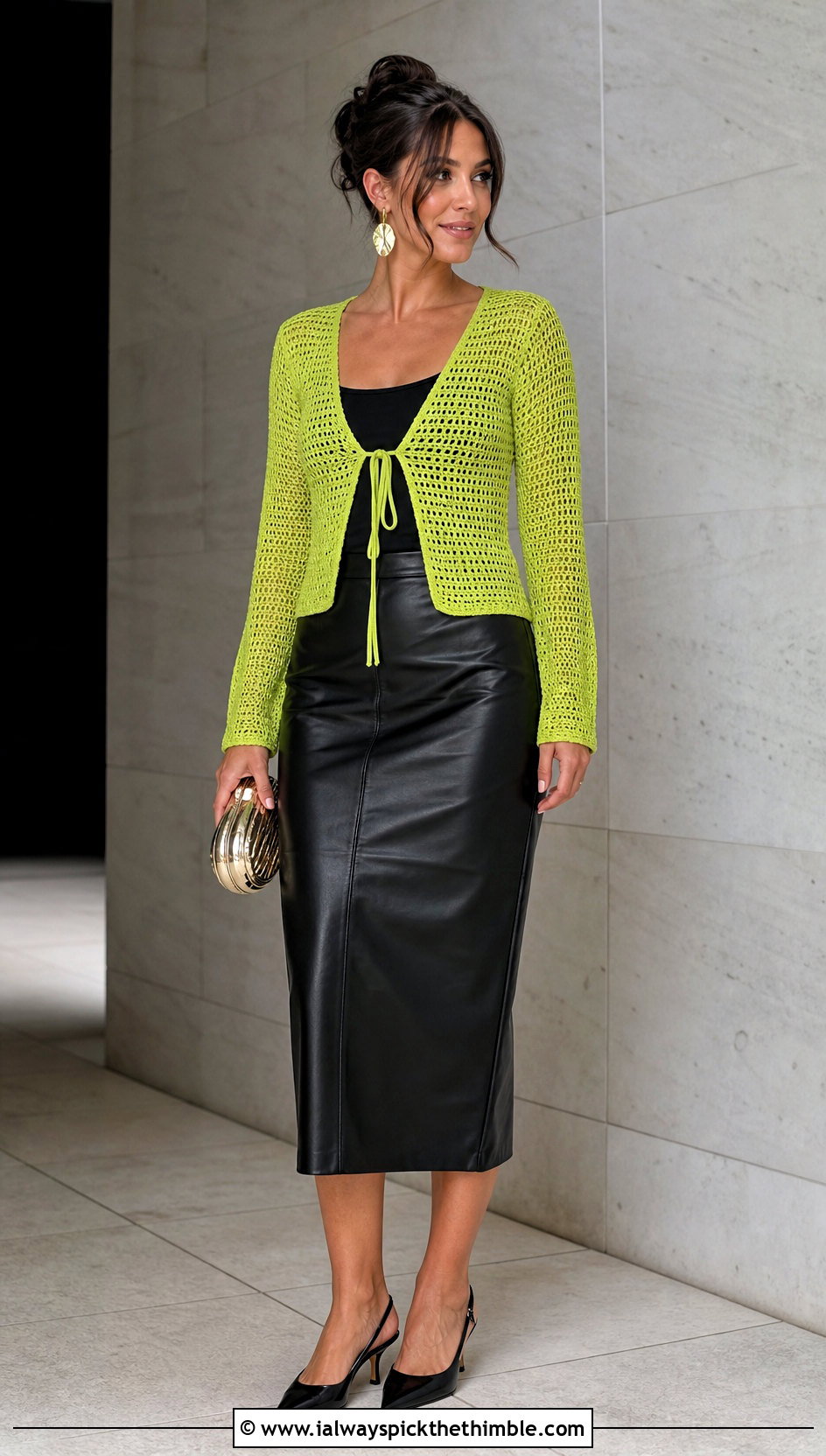 Tie Front Crochet Cardigan Top With Leather Midi Skirt - 20 70s crochet top outfit ideas