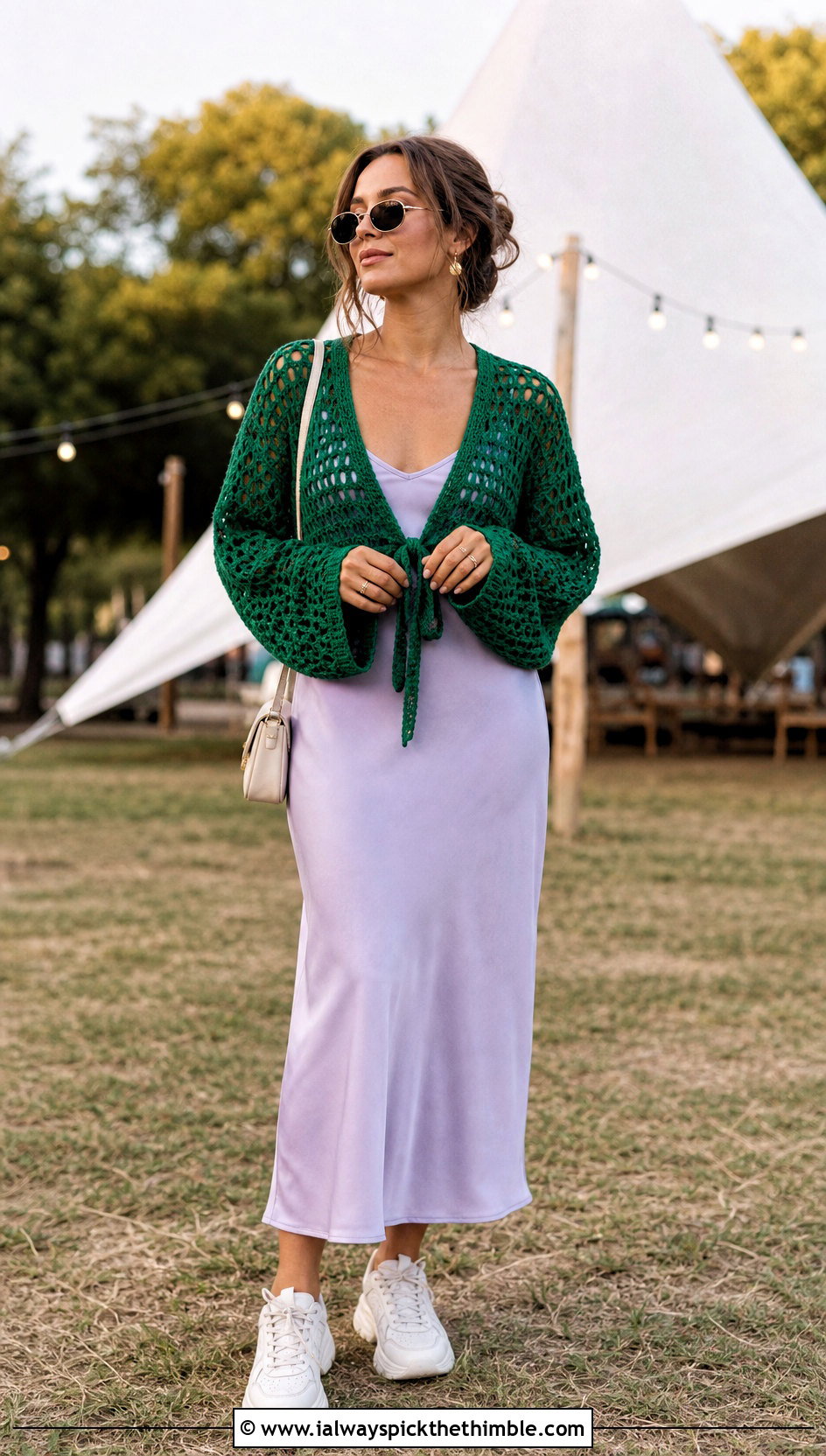 Tie Front Crochet Cardigan Top With Slip Dress - 25 crochet festival top outfit ideas