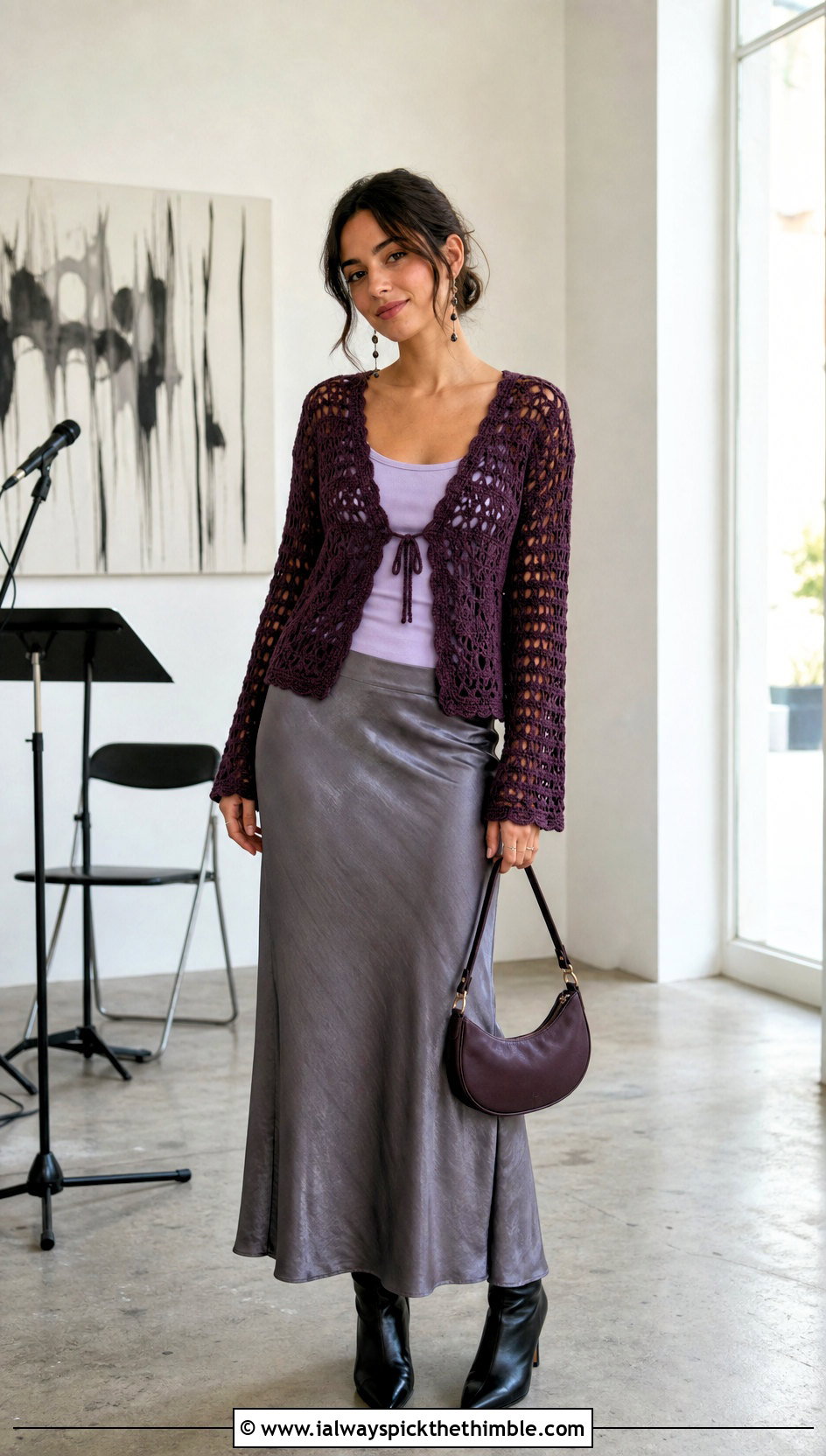 Tie Front Crochet Cardigan With Bias Cut Maxi Skirt - 20 witchy crochet cardigan outfit ideas
