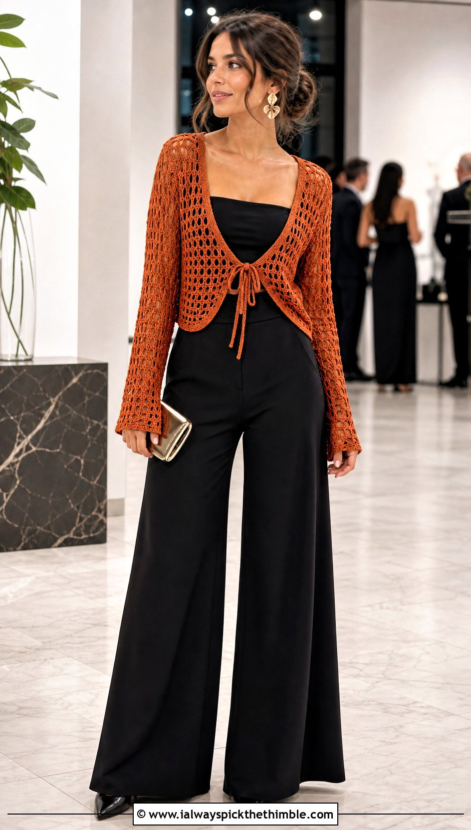Tie Front Crochet Cardigan With Palazzo Pants - 25 crochet cardigan women outfit ideas