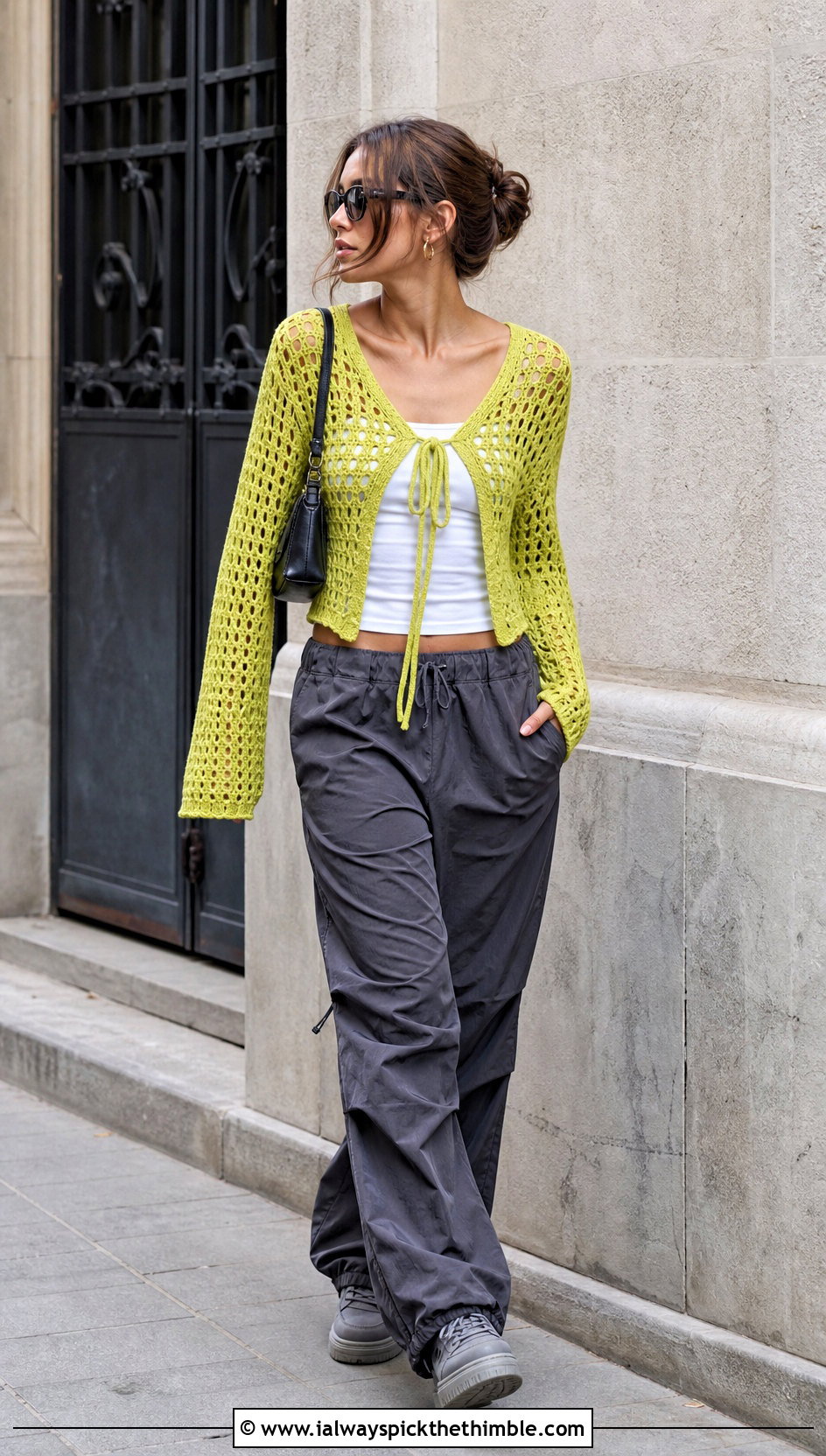 Tie Front Crochet Cardigan With Parachute Pants - 20 Autumn Crochet Cardigan outfit ideas