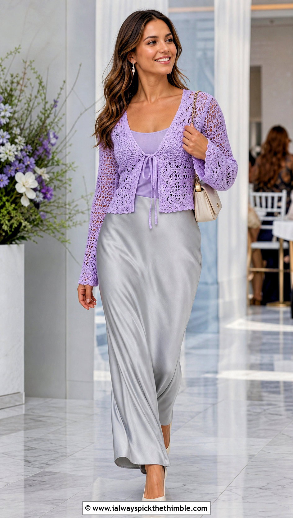 Tie Front Crochet Cardigan With Satin Maxi Skirt - 25 crochet cardigans for women outfit ideas