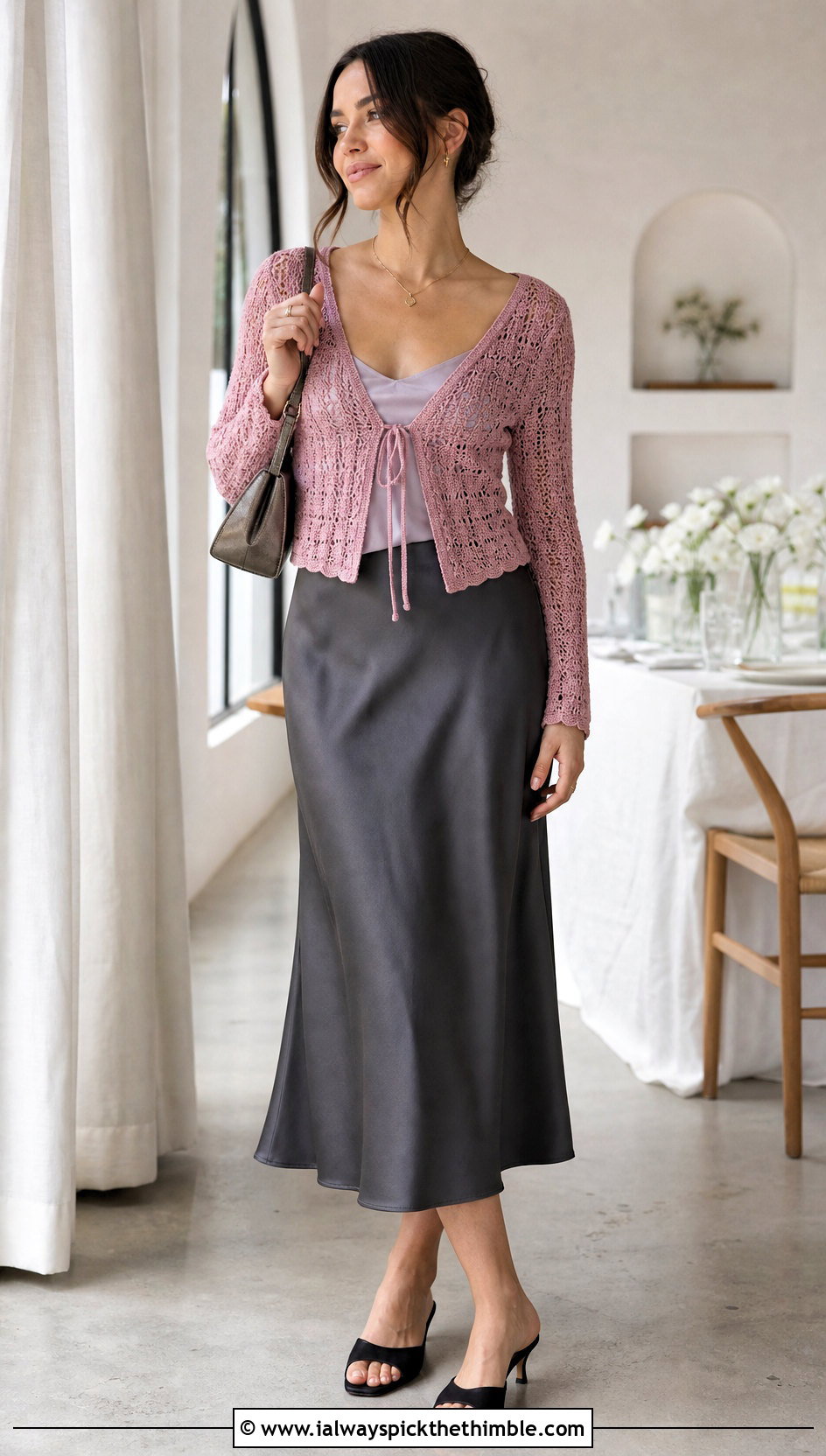 Tie Front Crochet Cardigan With Satin Midi Skirt - 20 basic crochet cardigan outfit ideas