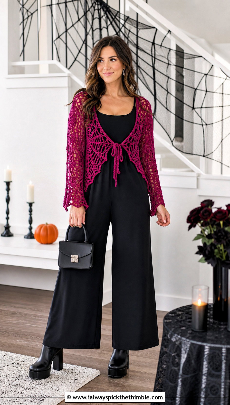 Tie Front Crochet Cardigan With Wide Leg Jumpsuit - 20 halloween crochet cardigan outfit ideas