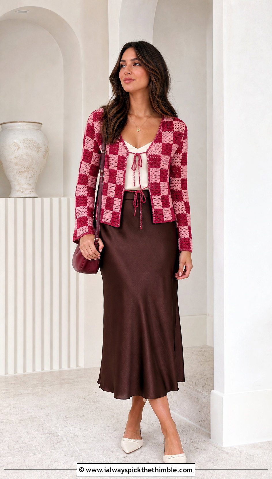 Tie Front Crochet Checkered Cardigan With Bias Cut Midi Skirt - 25 crochet checkered cardigan outfit ideas