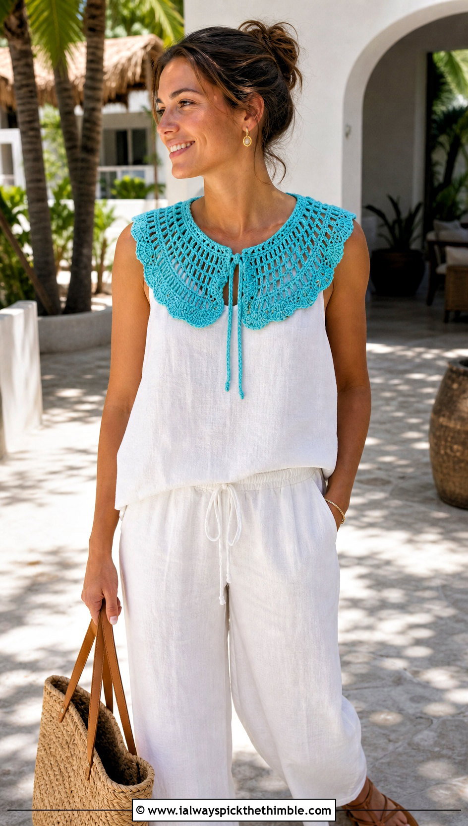 Tie Front Crochet Clown Collar With Linen Set And Flat Sandals - 25 crochet clown collar outfit ideas