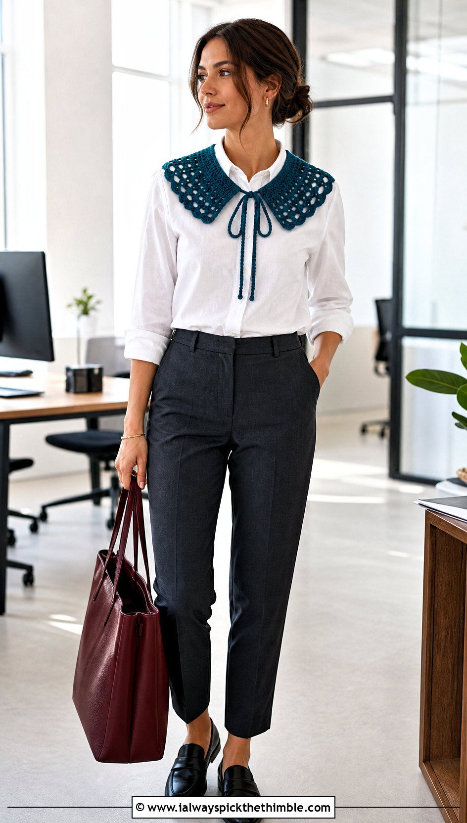 Tie Front Crochet Collar With Button Down Shirt And Trousers - 15 beginner crochet collar outfit ideas