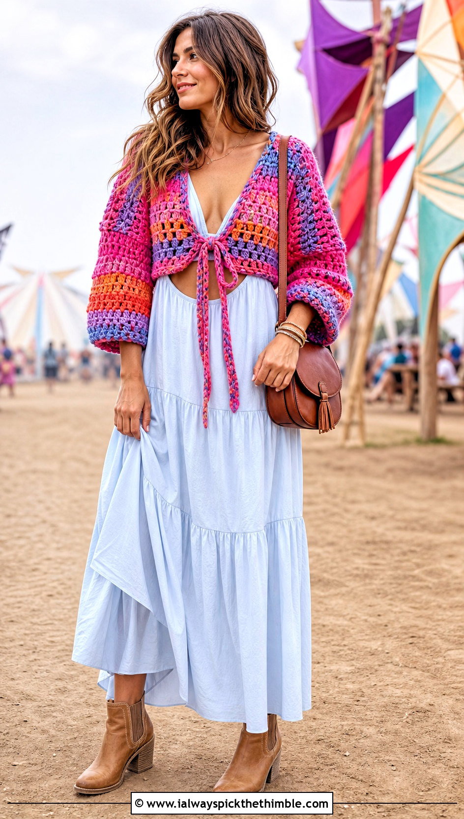 Tie Front Crochet Crop Cardigan With Tiered Maxi Dress - 20 Chunky Crochet Crop Cardigan outfit ideas