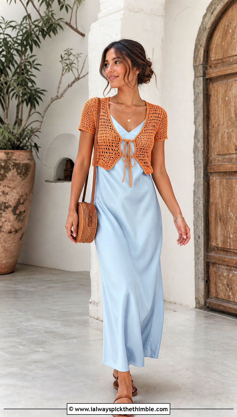 Tie Front Crochet Crop Top Over A Slip Dress - 15 crochet knitted crop top outfit ideas