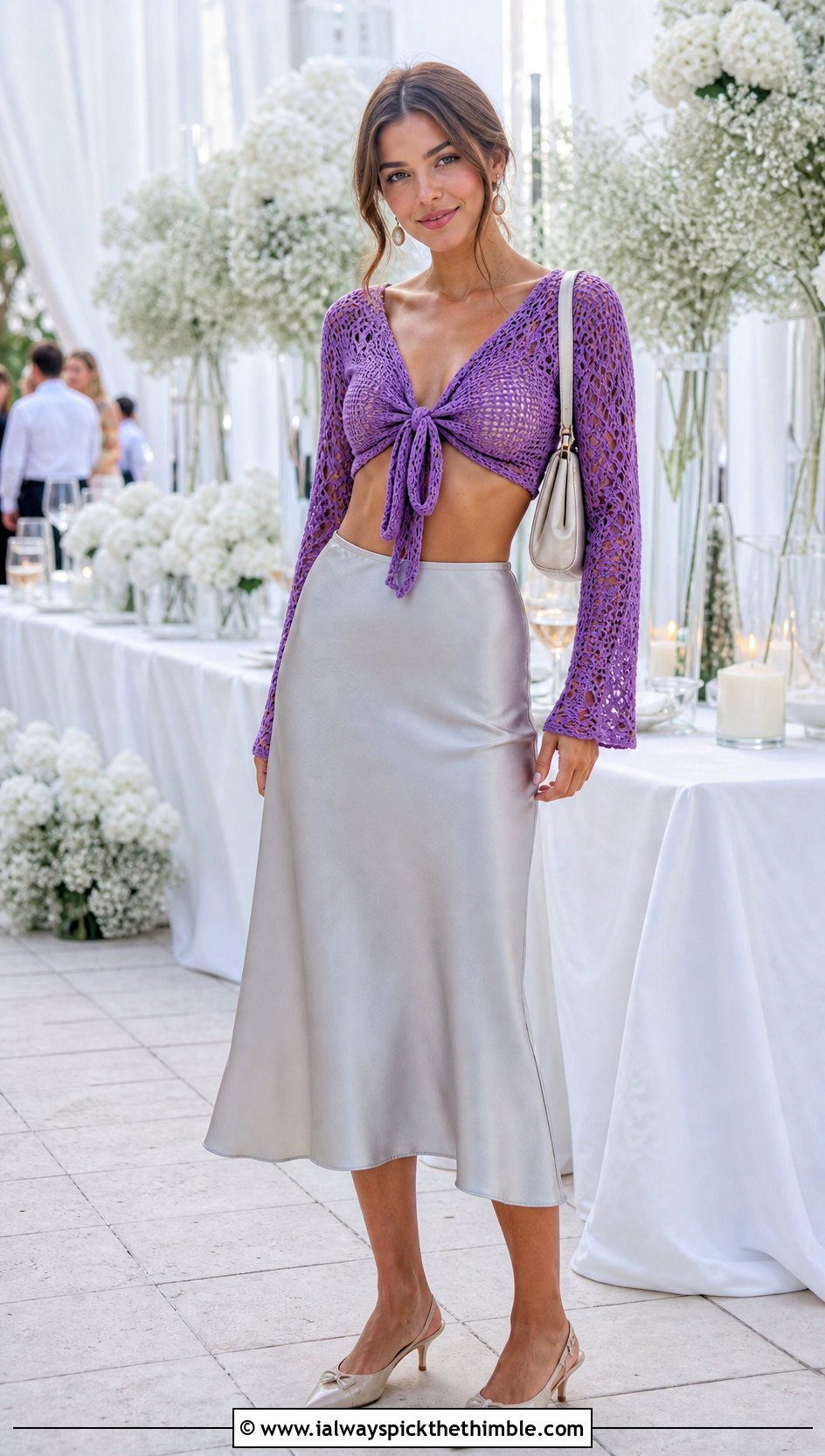 Tie Front Crochet Crop Top With Bias Cut Skirt - 20 simple crochet crop top outfit ideas