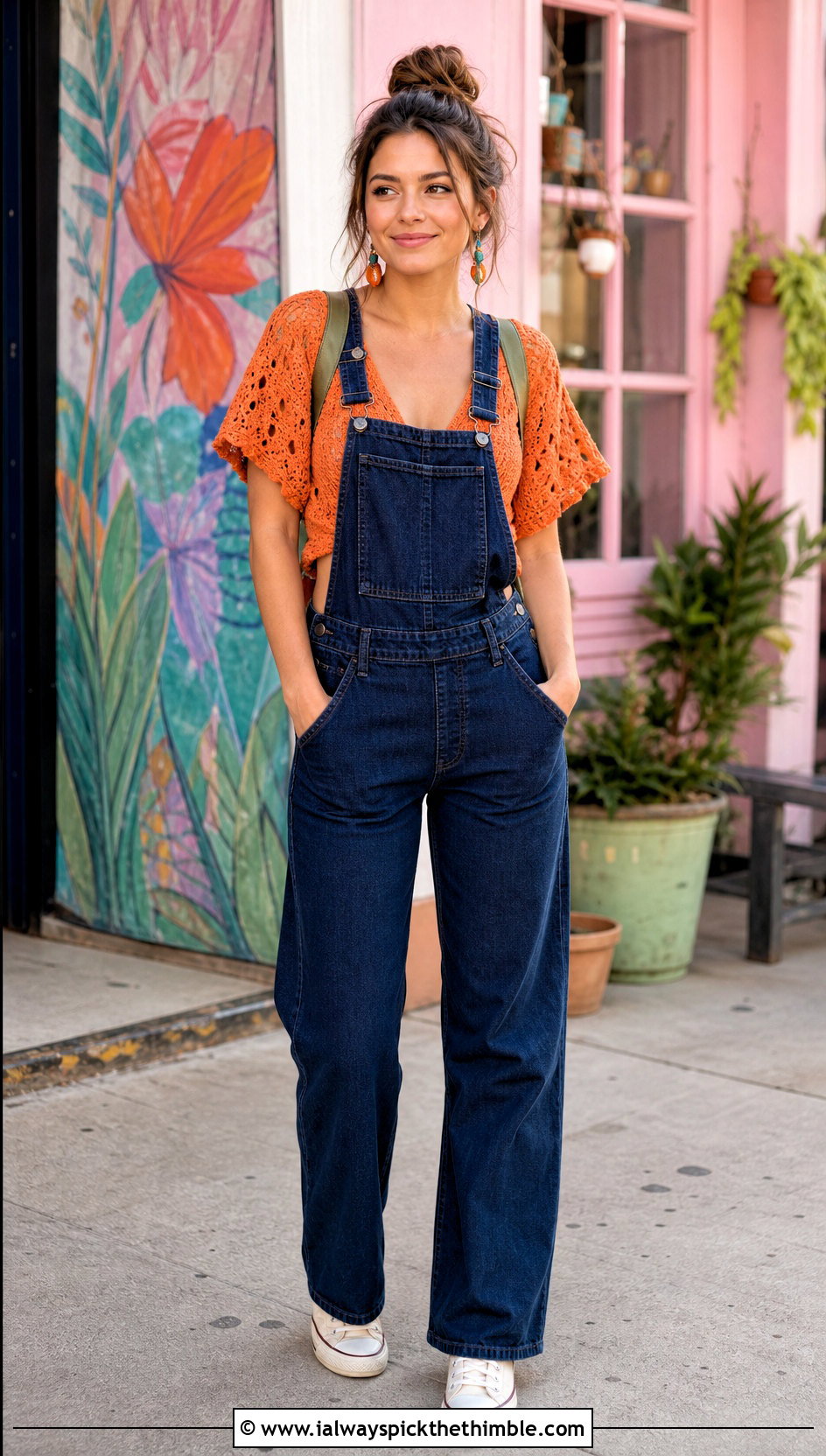 Tie Front Crochet Cropped Shirt With Denim Overalls - 20 crochet cropped shirt outfit ideas
