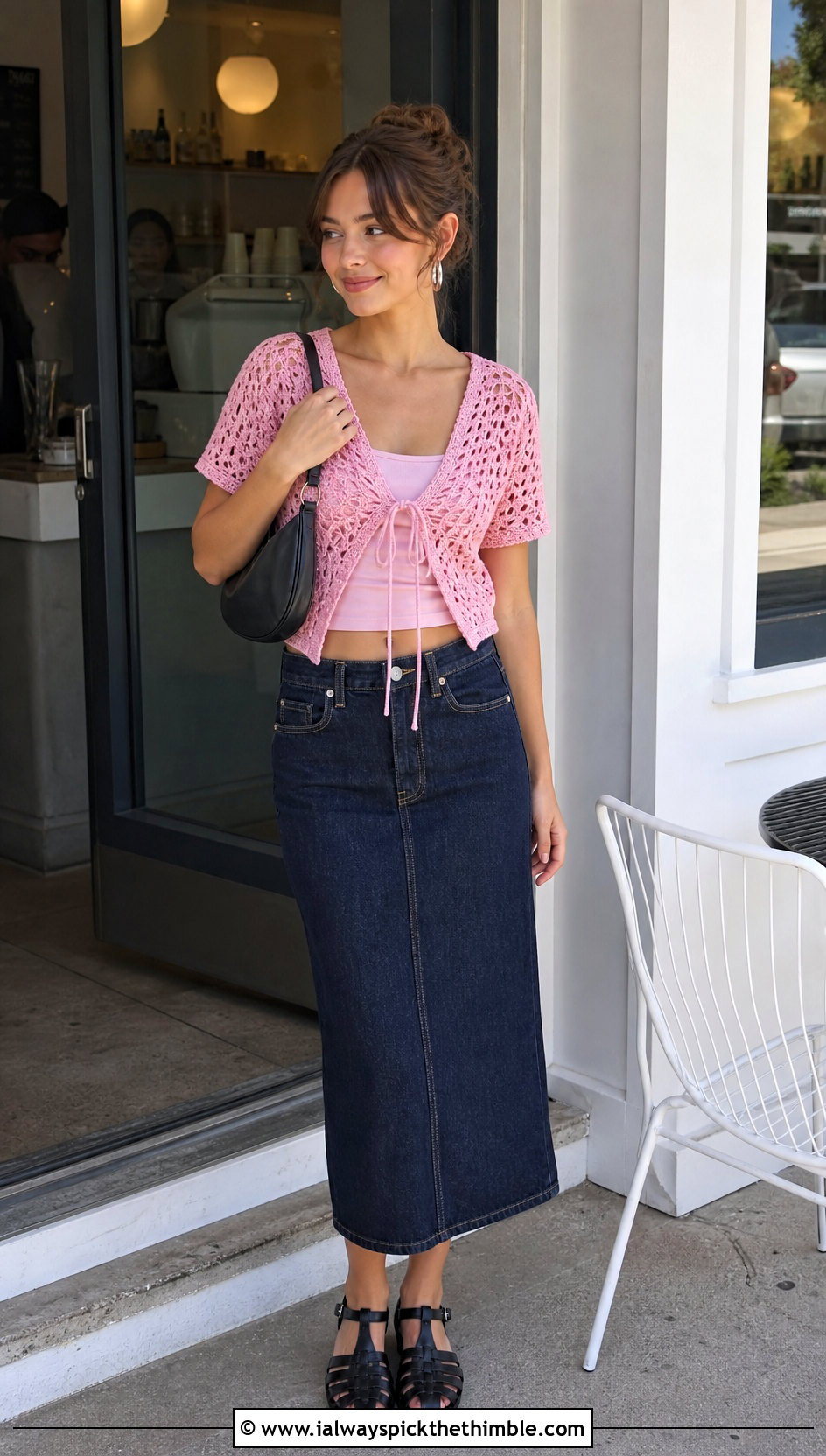 Tie Front Crochet Cropped Top With Denim Midi Skirt - 20 Crochet Cropped Top outfit ideas