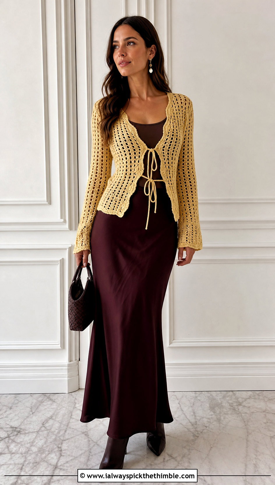 Tie Front Crochet Fall Cardigan With Bias Cut Maxi Skirt - 25 crochet fall cardigan outfit ideas