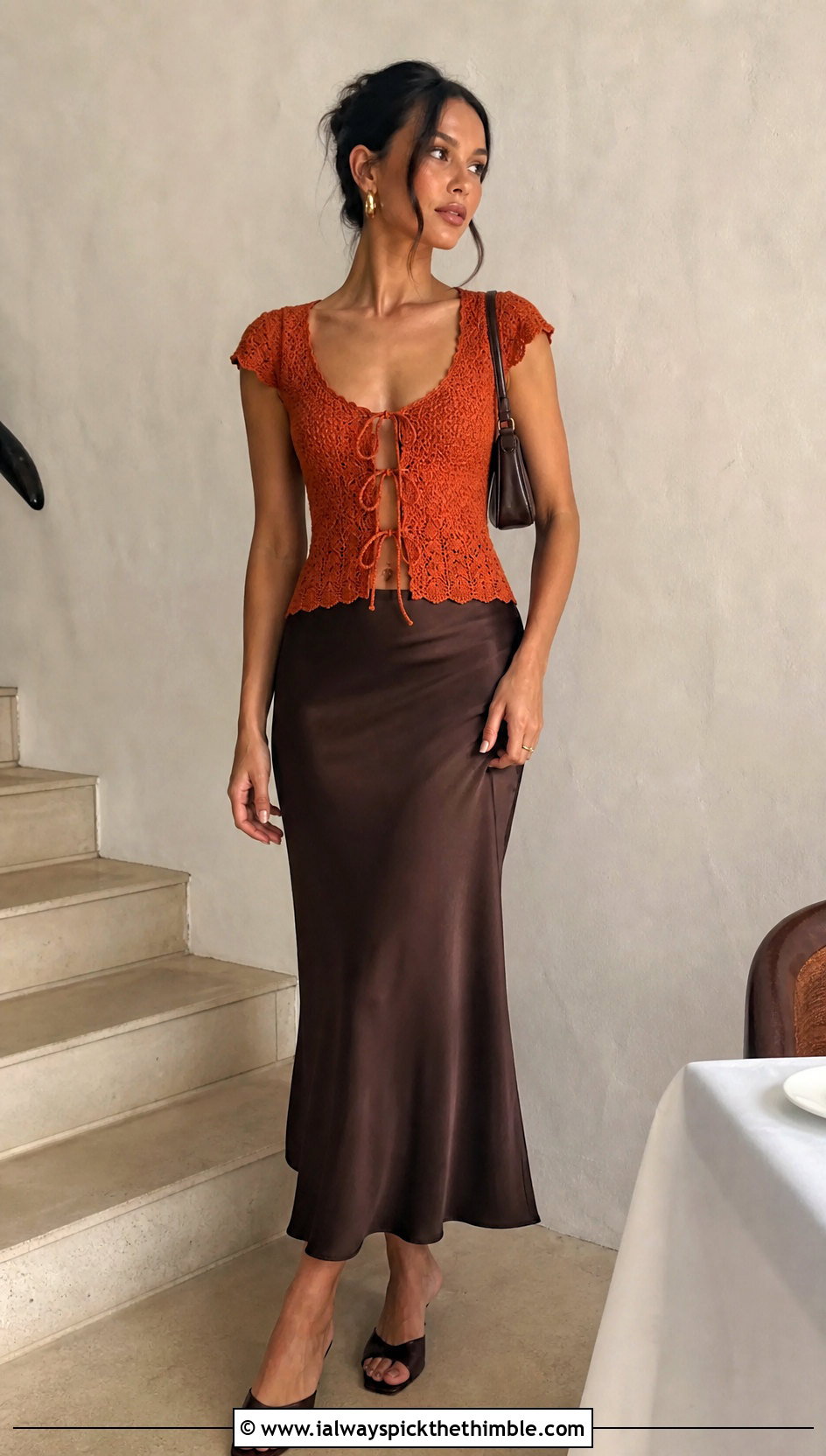 Tie Front Crochet Fitted Top With Slip Skirt - 25 crochet fitted top outfit ideas