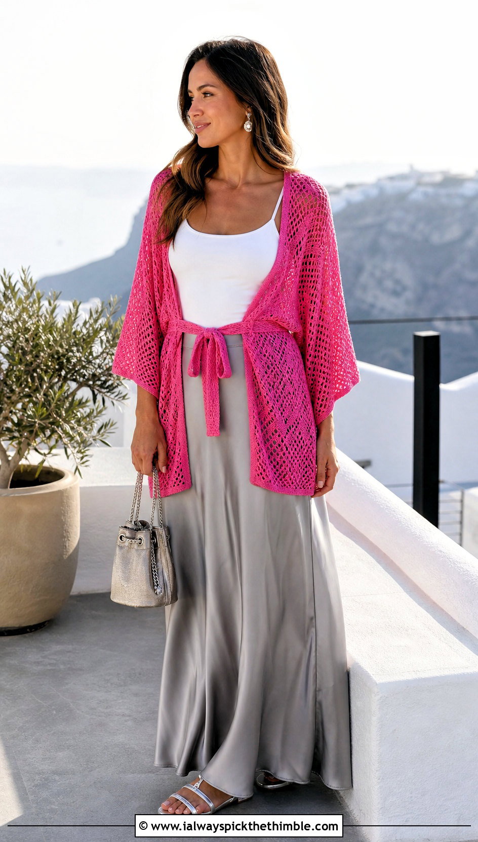 Tie Front Crochet Kimono With Maxi Skirt - 20 easy crochet kimono outfit ideas