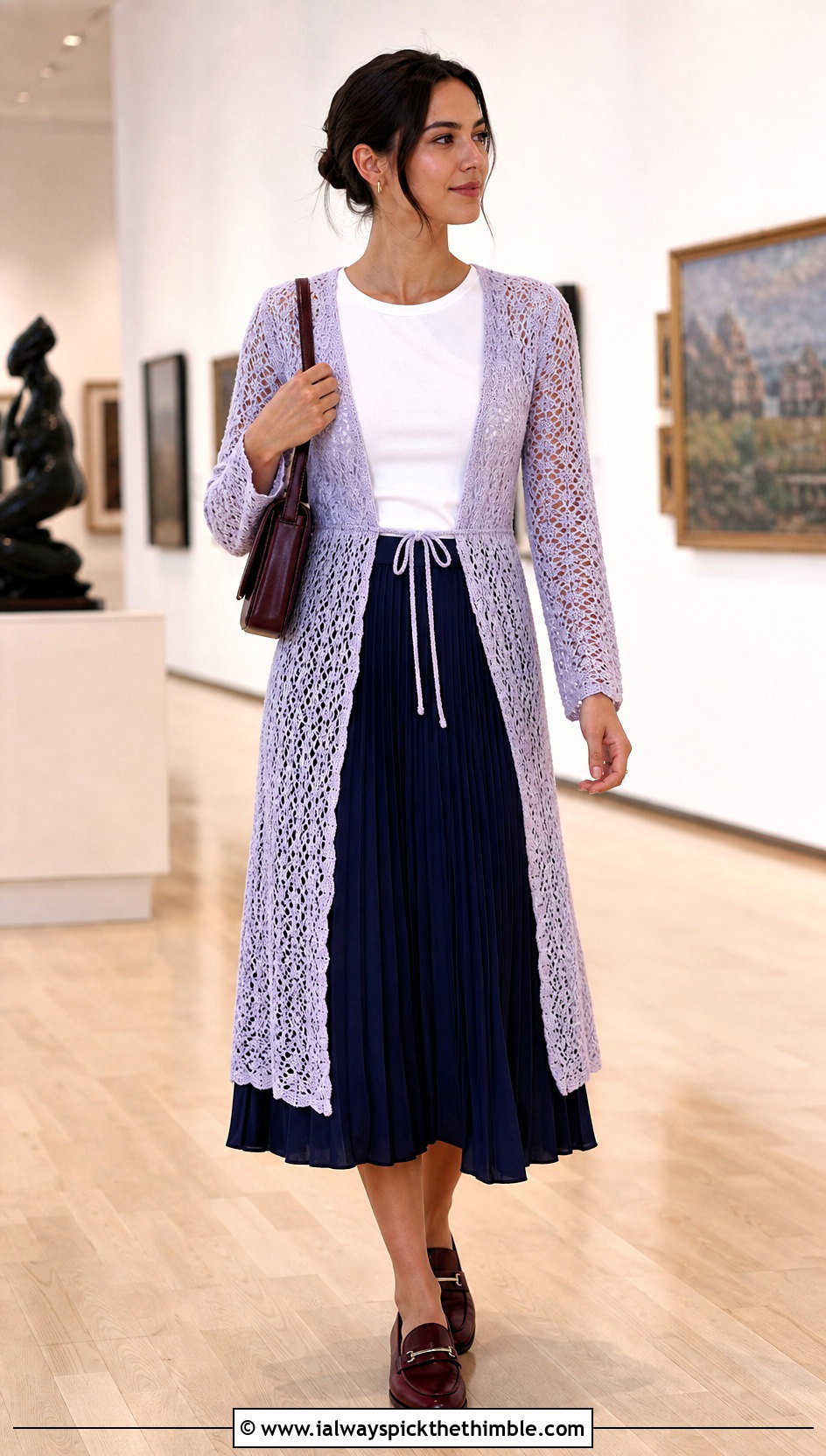 Tie Front Crochet Long Cardigan With Pleated Midi Skirt - 25 crochet long cardigan outfit ideas