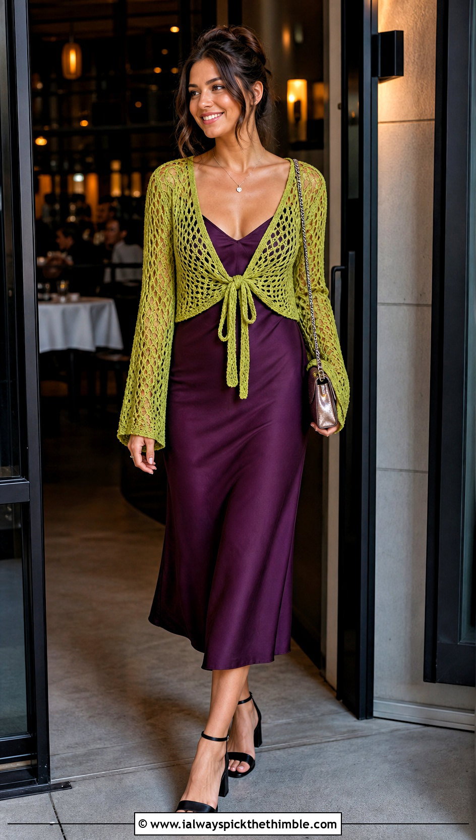Tie Front Crochet Long Sleeve Cardigan With Slip Dress - 20 Crochet Long Sleeve Cardigan outfit ideas