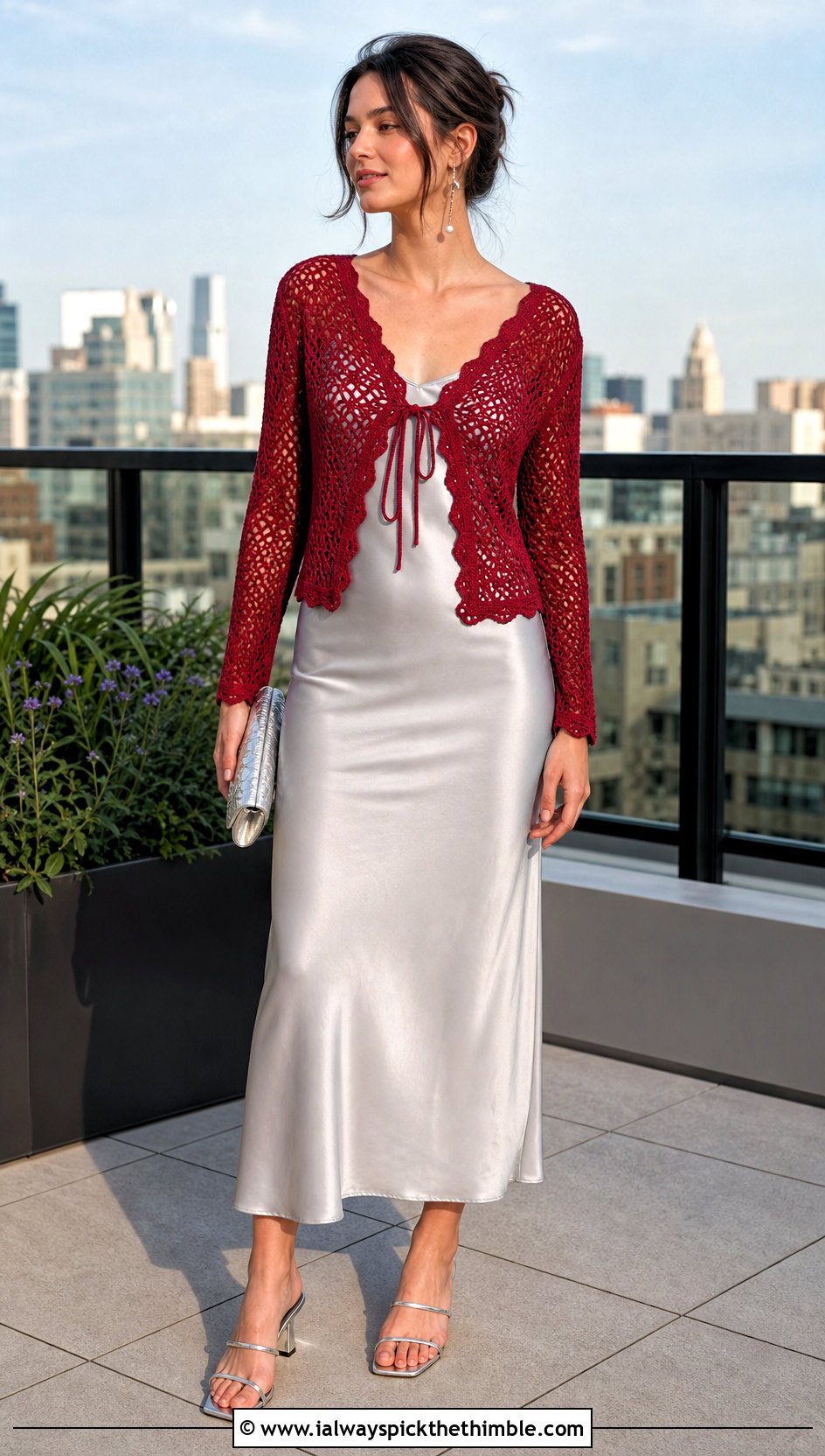 Tie Front Crochet Long Sleeve Top With Slip Dress - 25 crochet long sleeve top outfit ideas