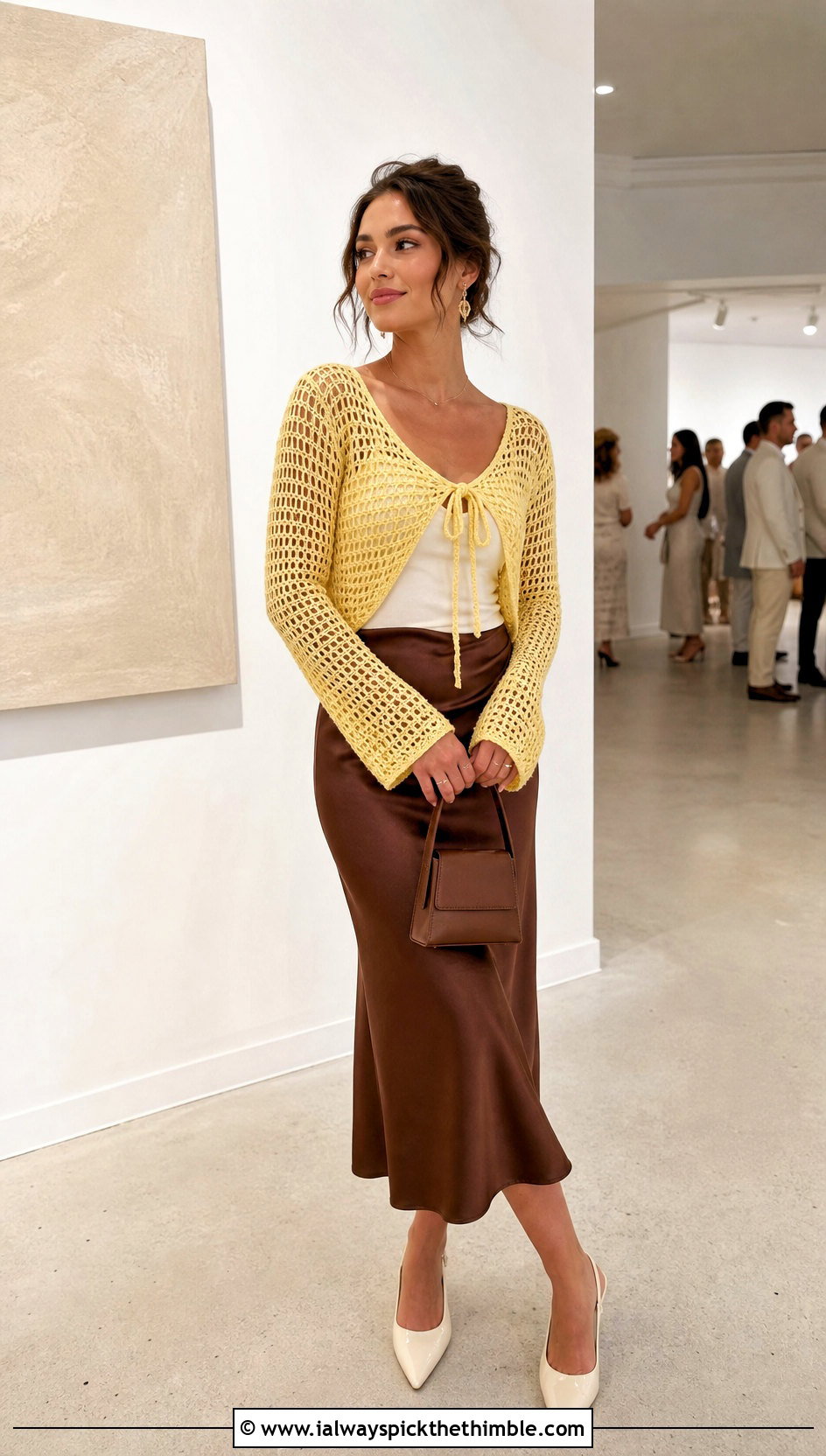 Tie Front Crochet Mesh Bolero With Satin Midi Skirt - 20 Crochet Mesh Bolero outfit ideas