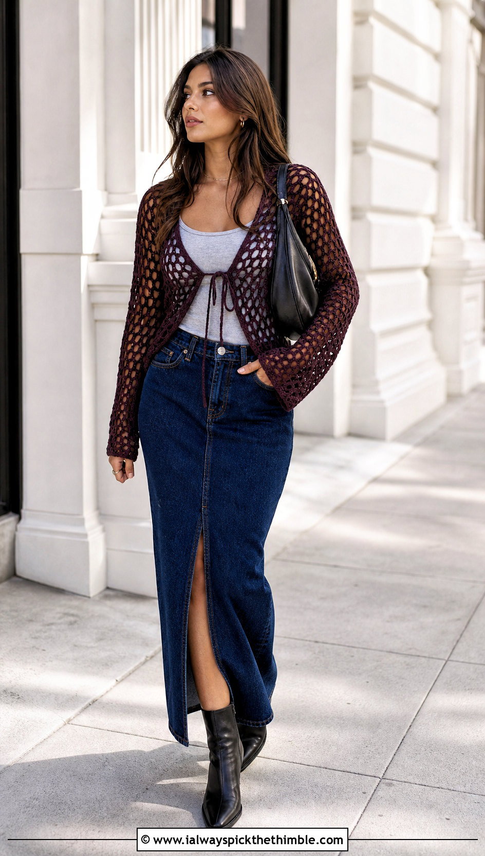 Tie Front Crochet Mesh Cardigan With Denim Maxi Skirt - 25 crochet mesh cardigan outfit ideas
