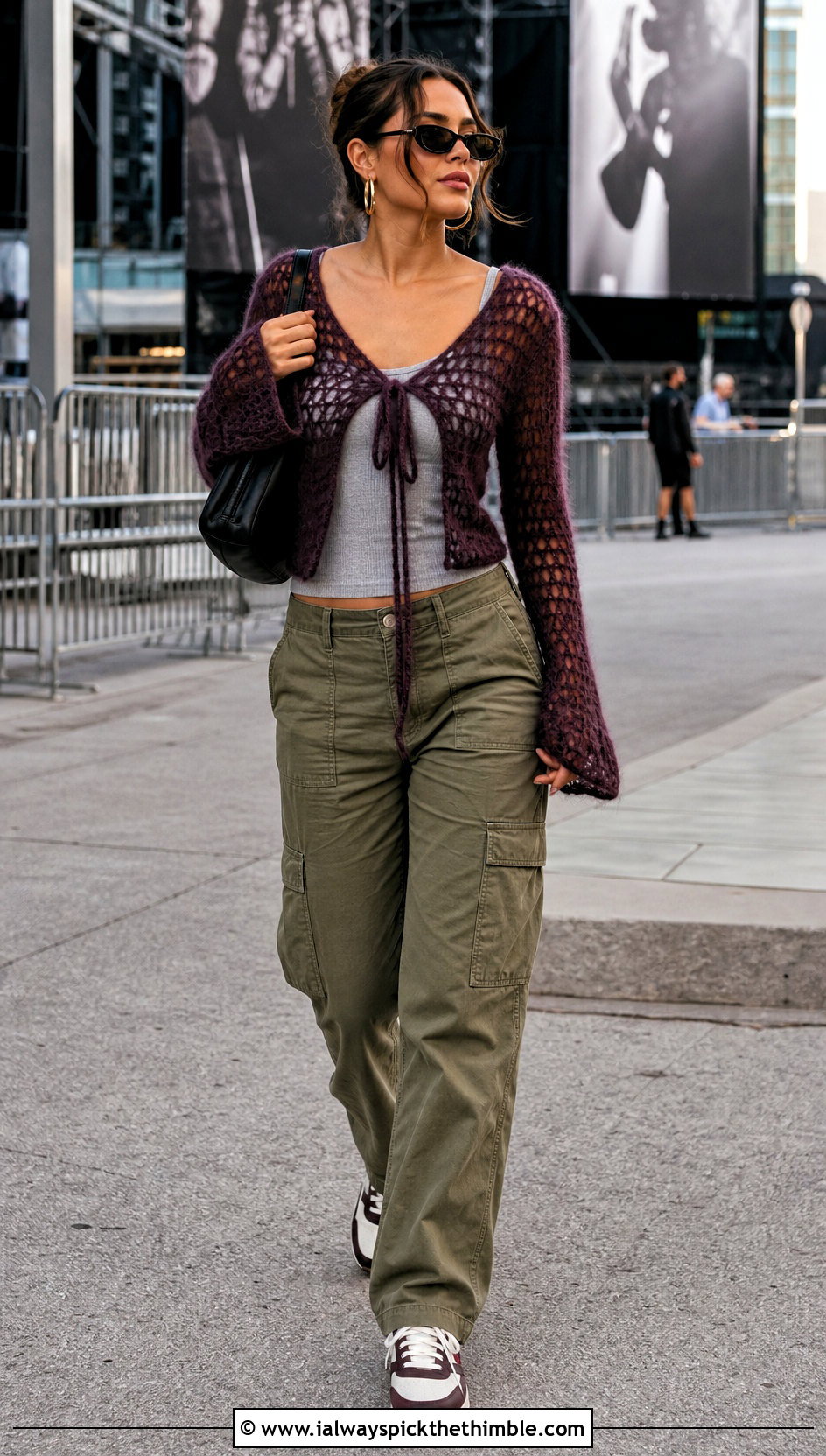 Tie Front Crochet Mohair Top With Cargo Pants - 25 crochet mohair top outfit ideas