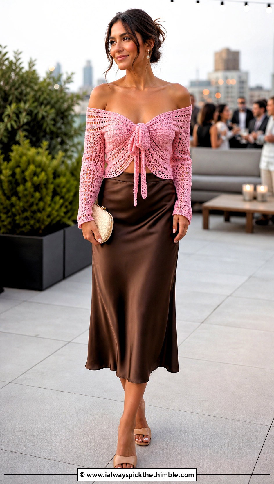 Tie Front Crochet Off Shoulder Top With Slip Skirt - 25 Crochet Off Shoulder Top outfit ideas
