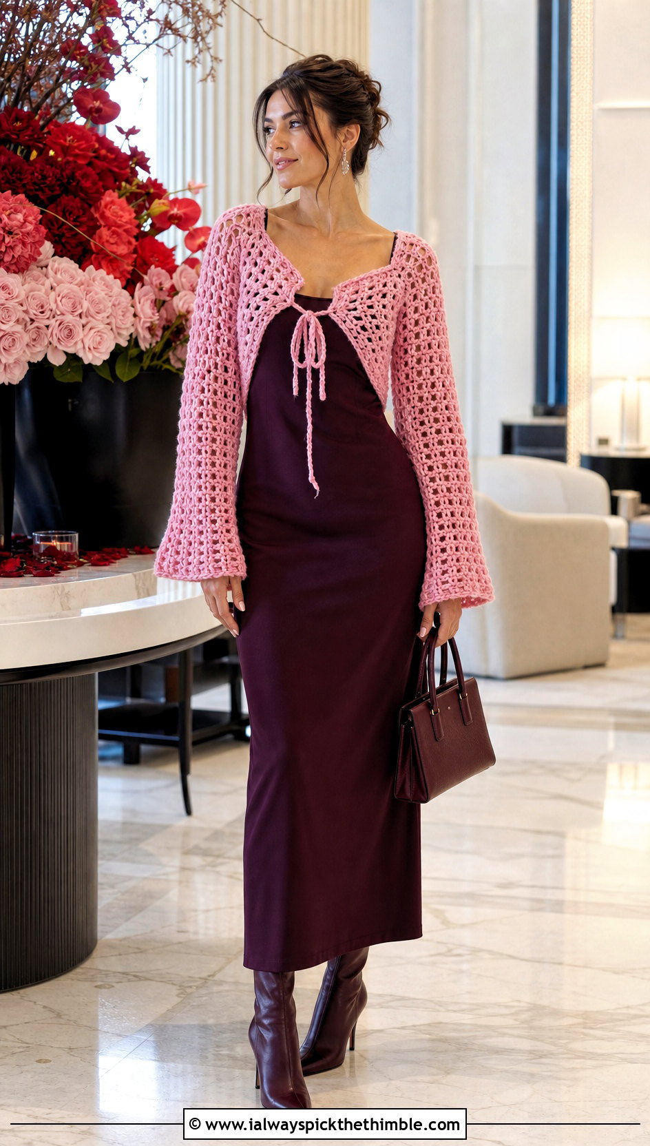 Tie Front Crochet Shrug Sweater With Column Dress - 20 crochet valentine sweater outfit ideas