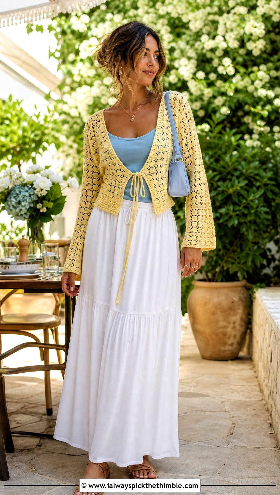 Tie Front Crochet Shrug With Camisole And Maxi Skirt - 25 easy crochet shrug outfit ideas