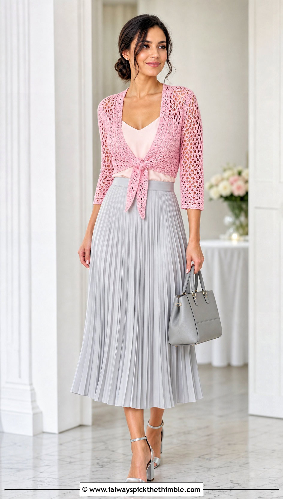 Tie Front Crochet Shrug Wrap With Pleated Midi Skirt - 20 crochet shrug wrap outfit ideas