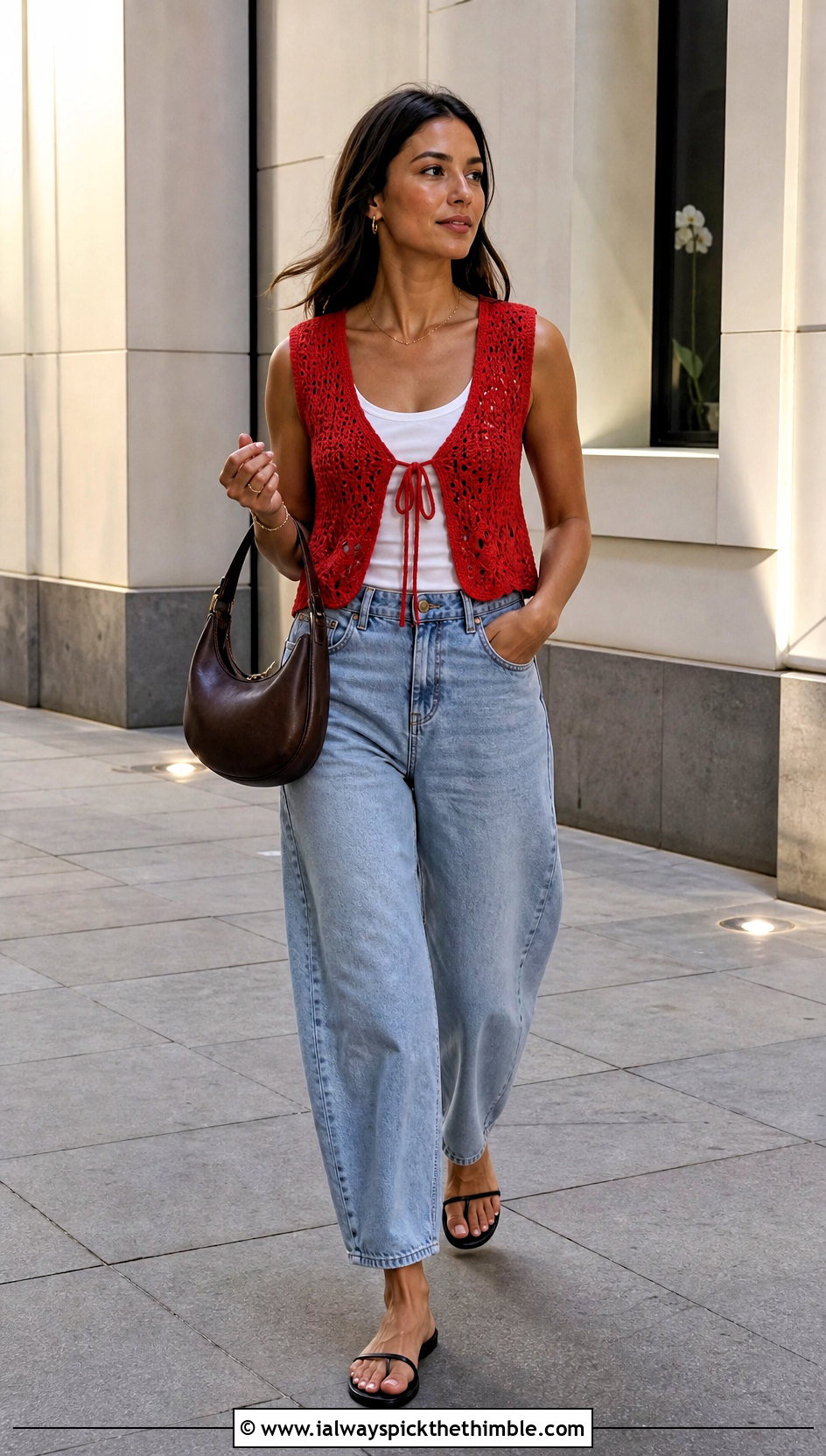 Tie Front Crochet Summer Vest With Barrel Jeans - 25 Crochet Summer Vest outfit ideas