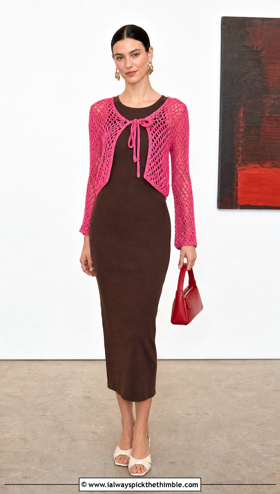 Tie Front Crochet Top Over A Fitted Midi Dress - 25 Easy Crochet Top outfit ideas