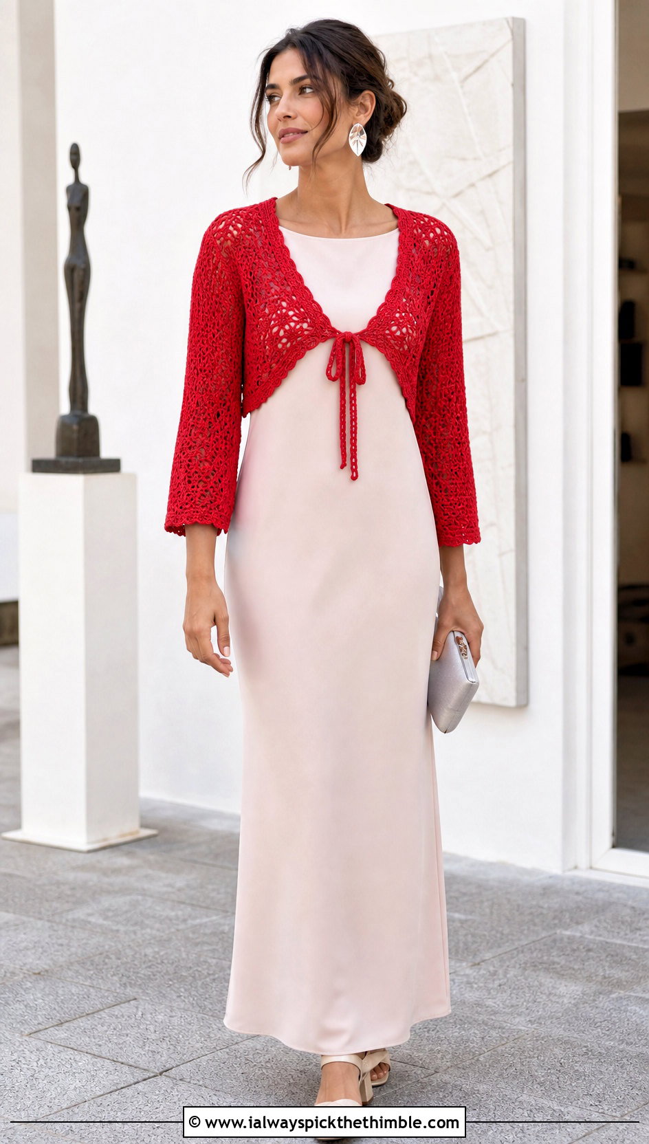 Tie Front Crochet Top Shrug With Column Dress - 20 crochet top shrug outfit ideas