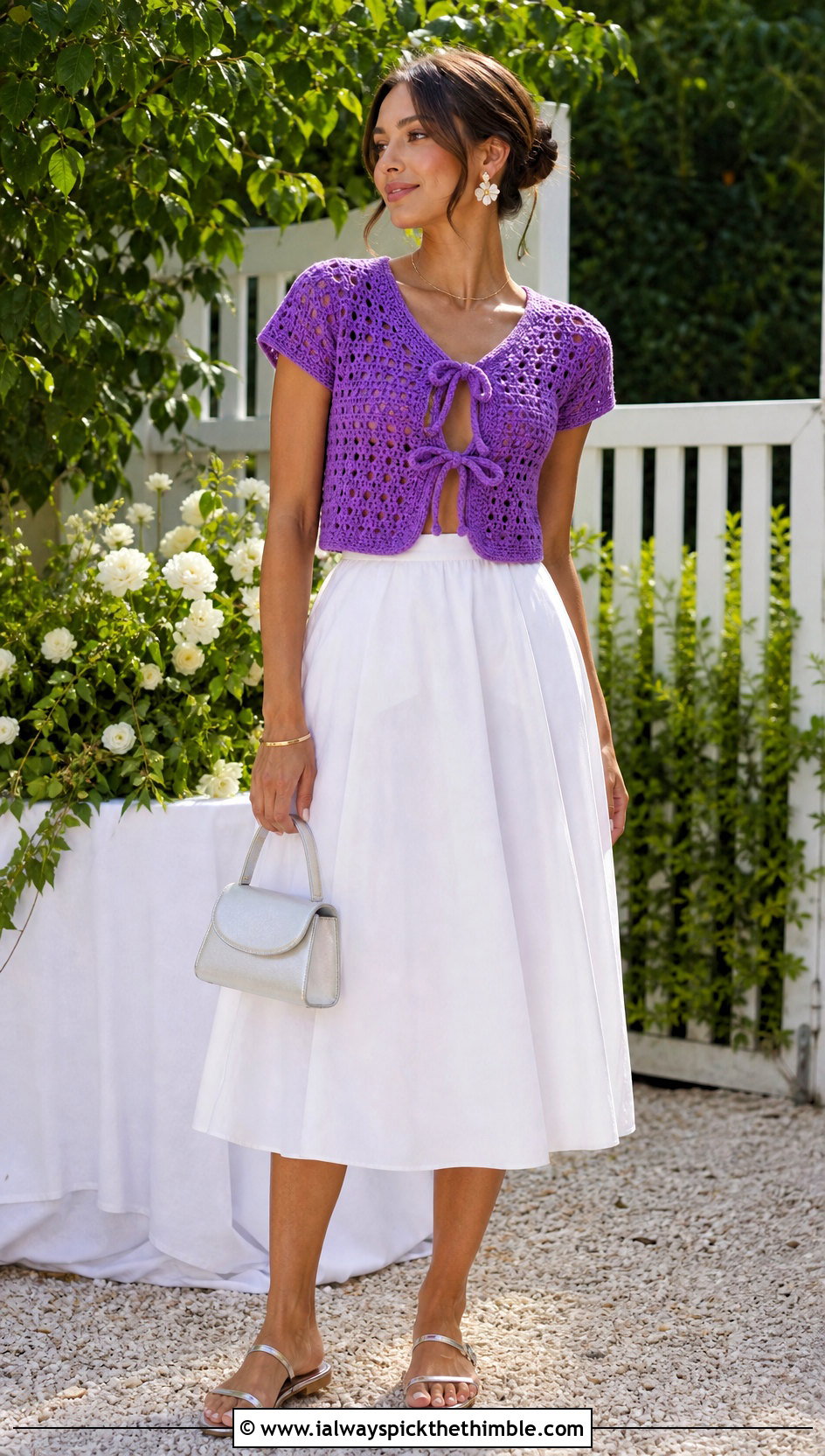 Tie Front Crochet Top With A Line Midi Skirt - 25 summer crochet top outfit ideas