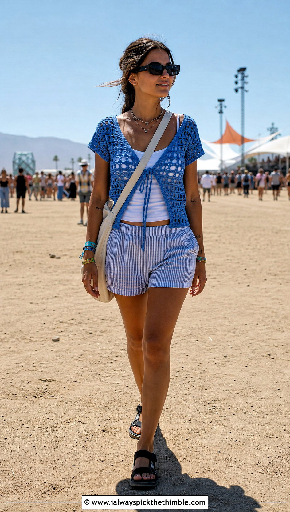 Tie Front Crochet Top With Boxer Shorts - 20 Festival Crochet Top outfit ideas