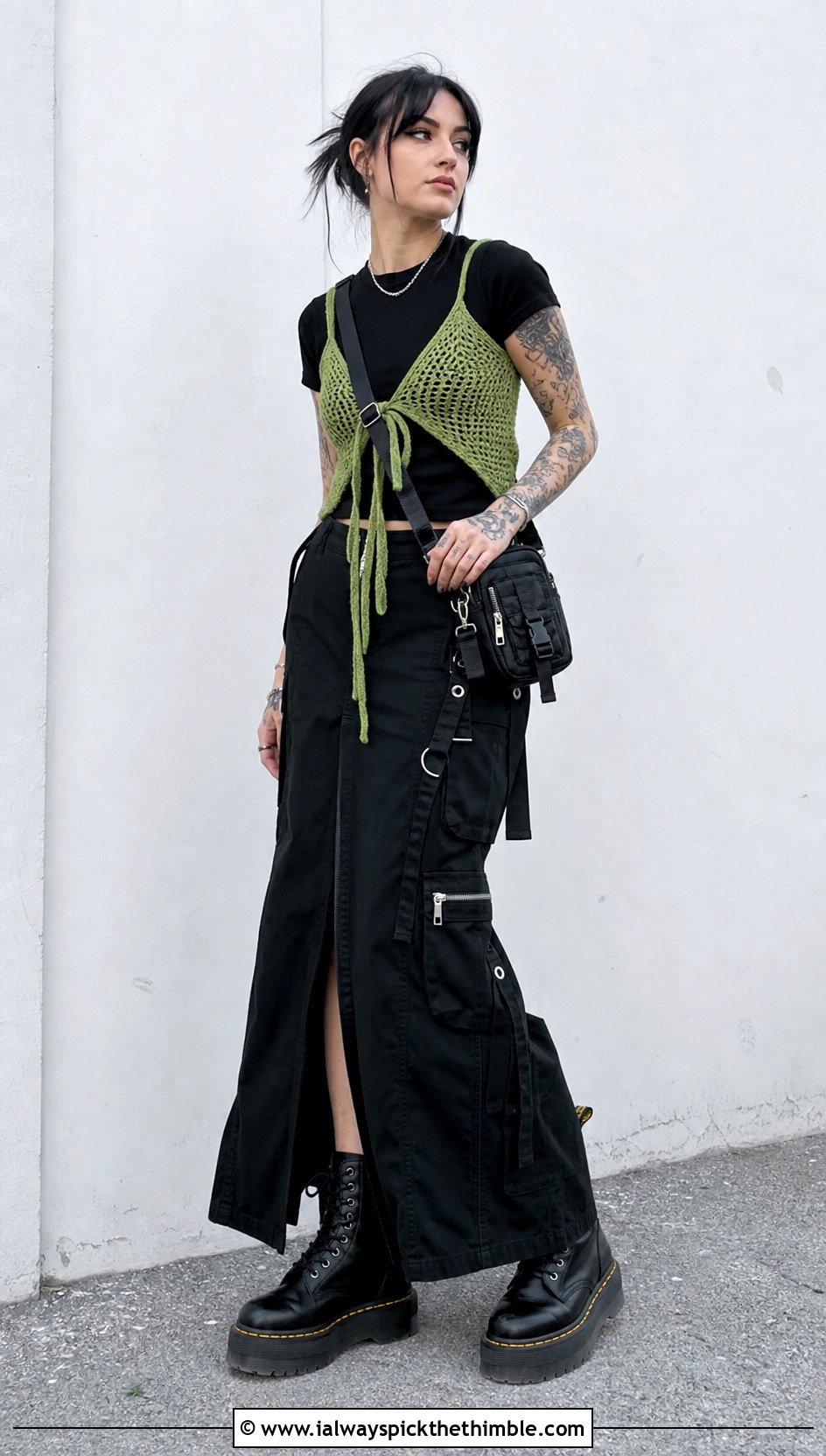 Tie Front Crochet Top With Cargo Maxi Skirt - 20 emo crochet top outfit ideas