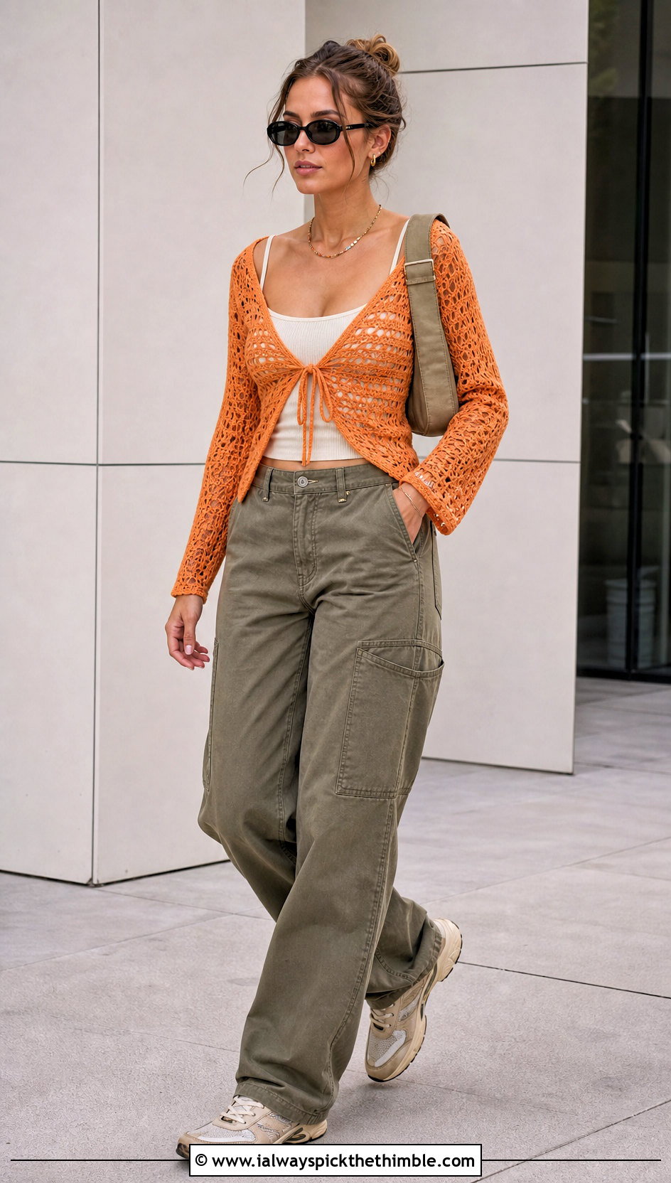 Tie Front Crochet Top With Cargo Pants - 20 lightweight crochet top outfit ideas