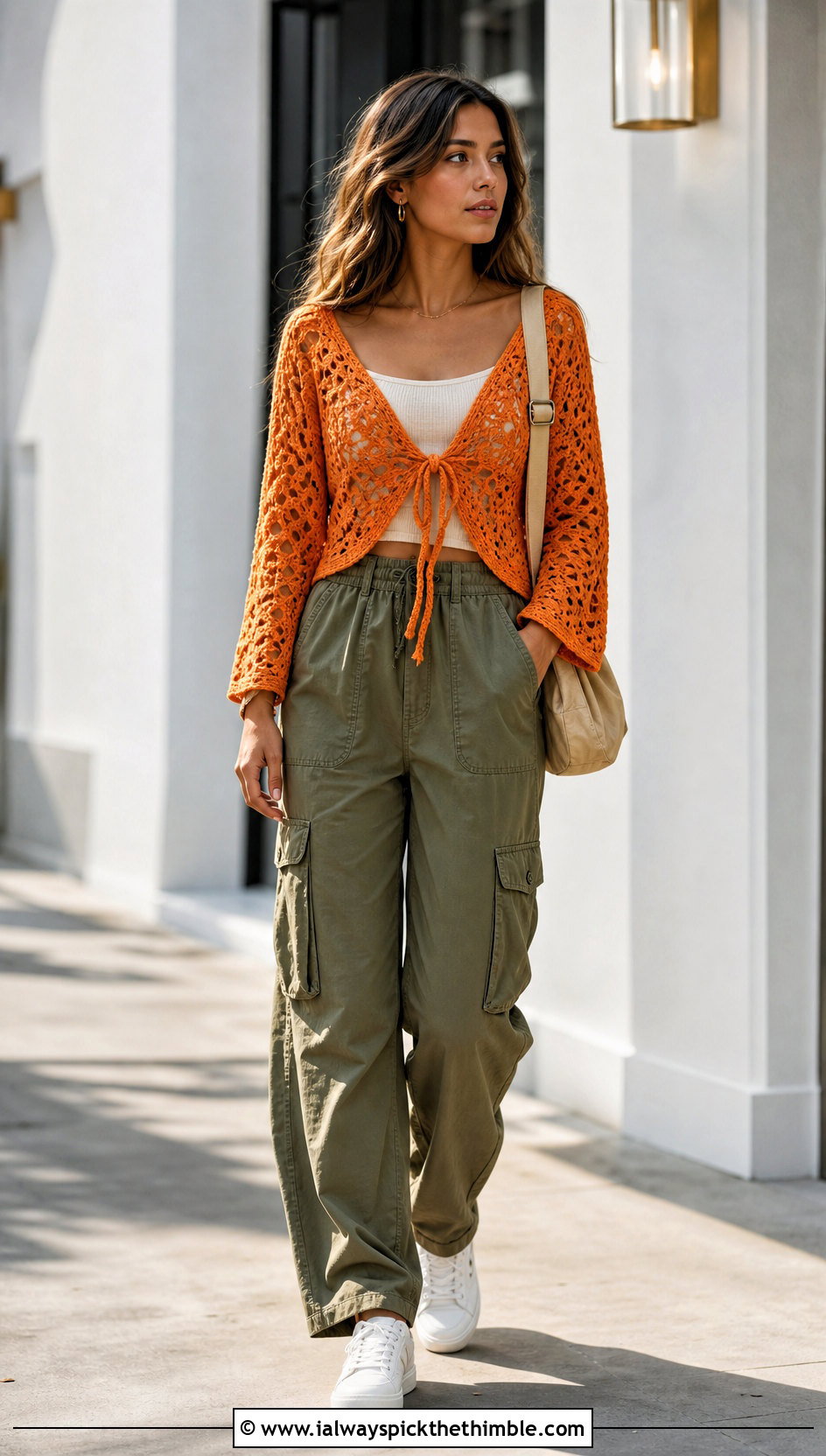 Tie Front Crochet Top With Cargo Pants - 15 boho crochet summer top outfit ideas