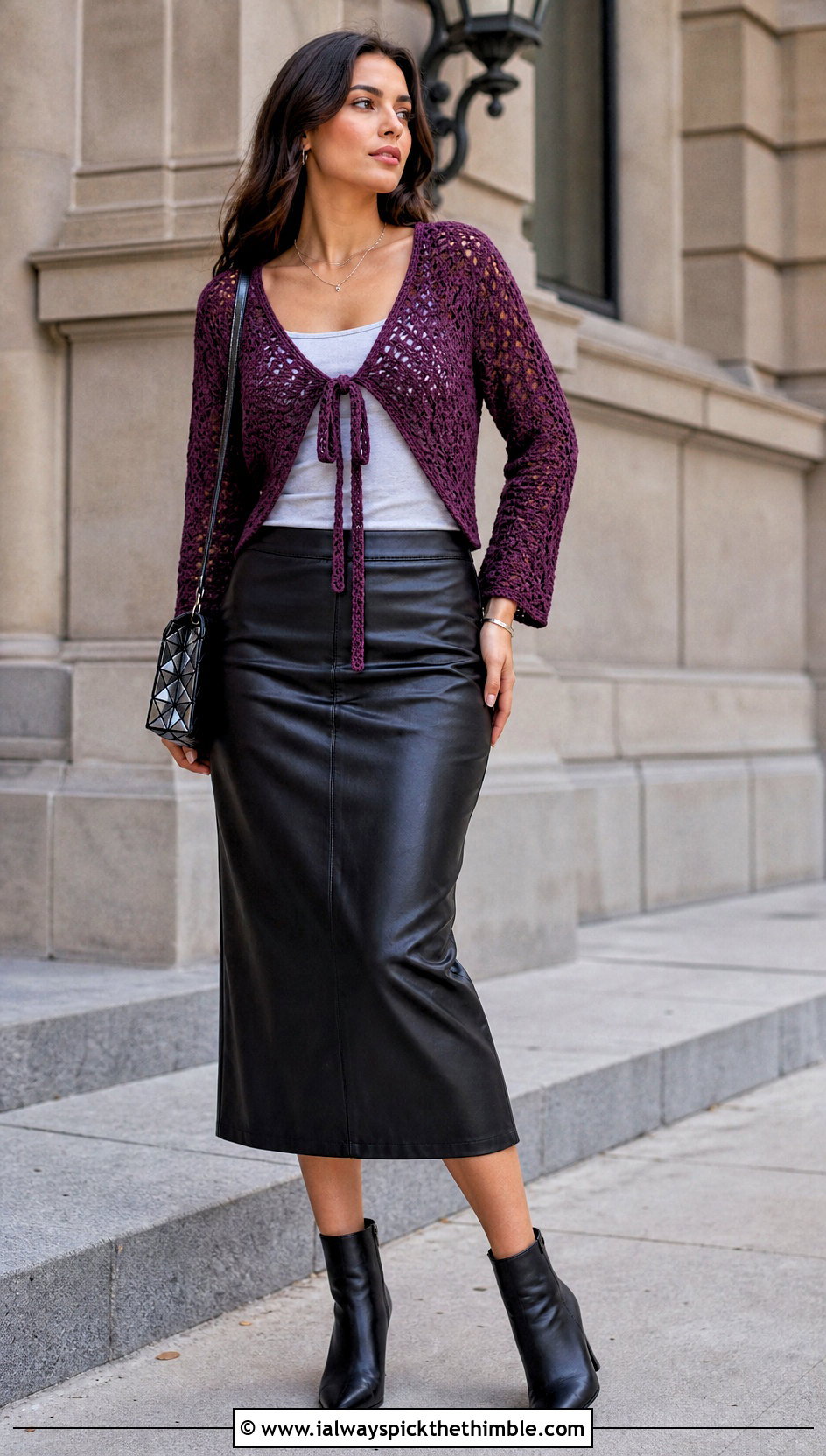 Tie Front Crochet Top With Leather Midi Skirt - 25 trendy crochet tops outfit ideas