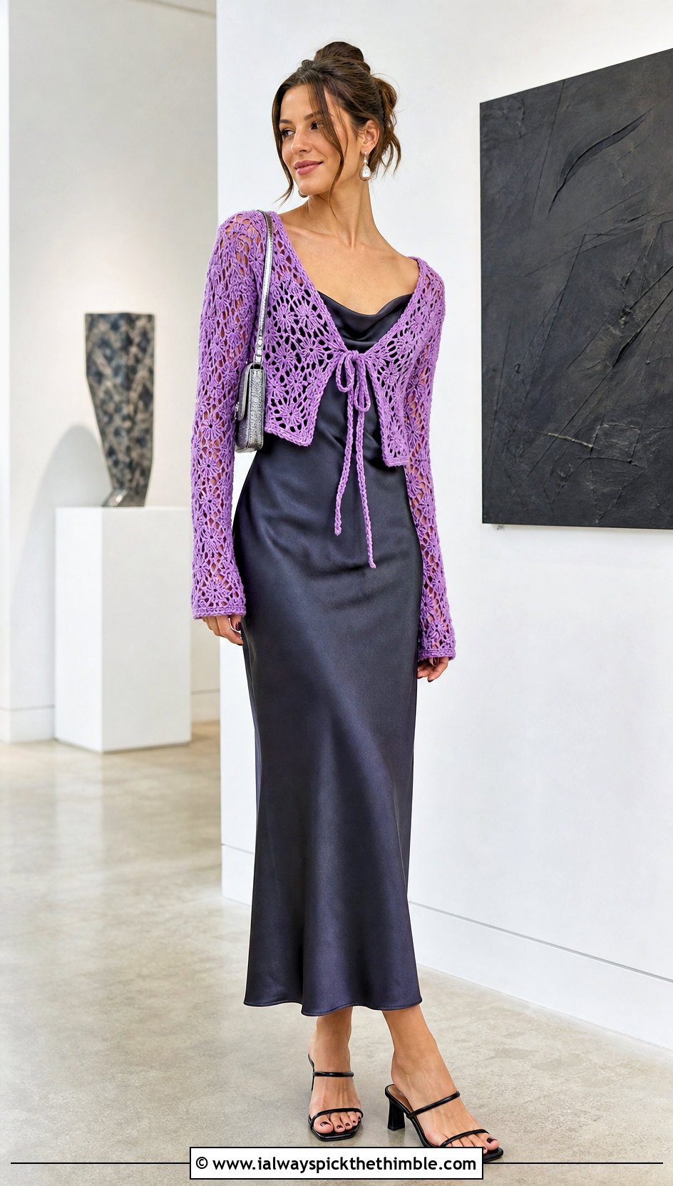 Tie Front Crochet Top With Slip Dress - 20 long sleeve crochet top outfit ideas