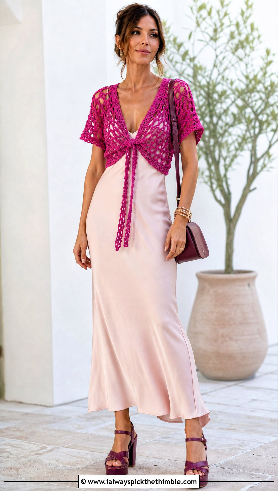 Tie Front Crochet Top With Slip Dress - 25 boho crochet tops outfit ideas