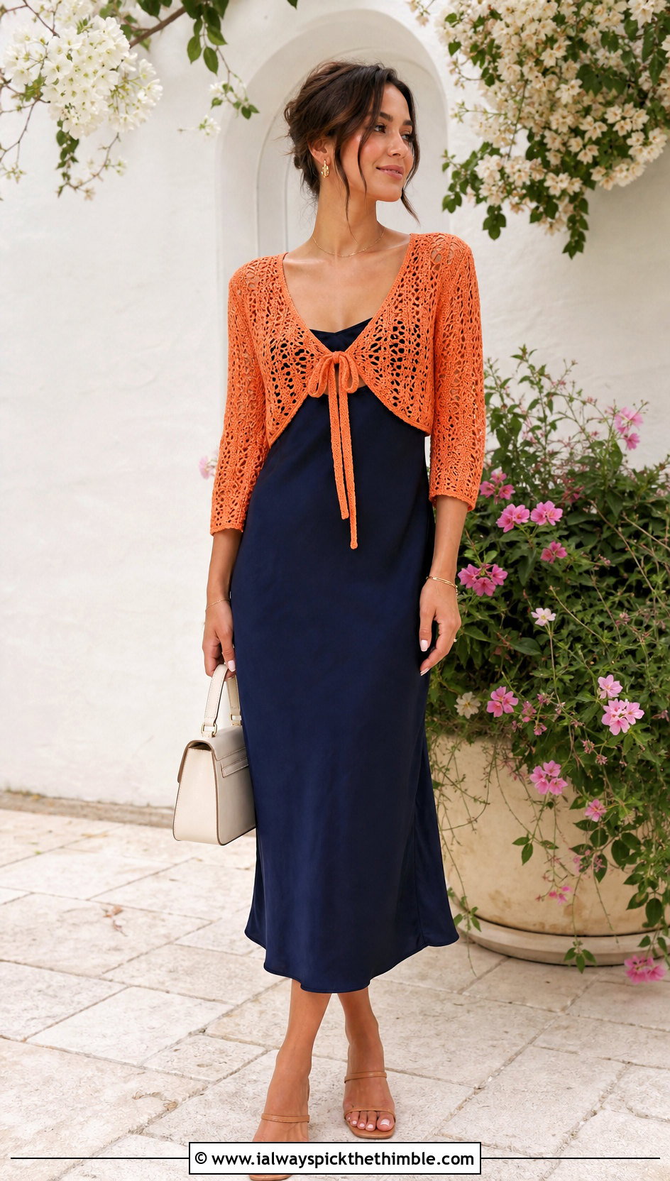 Tie Front Crochet Top With Slip Dress - 25 crochet simple top outfit ideas