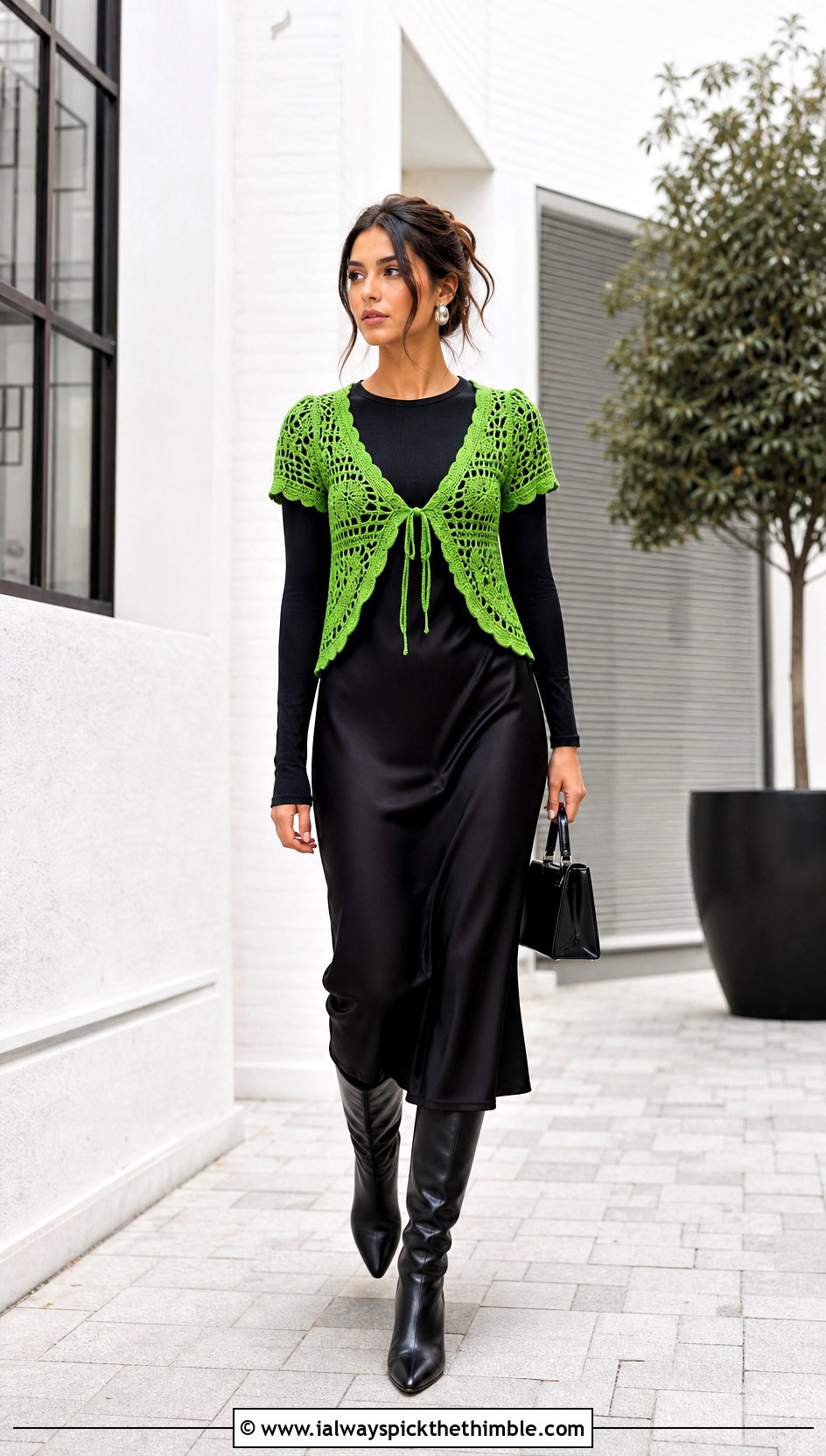 Tie Front Crochet Top With Slip Dress - 20 crochet fall tops outfit ideas