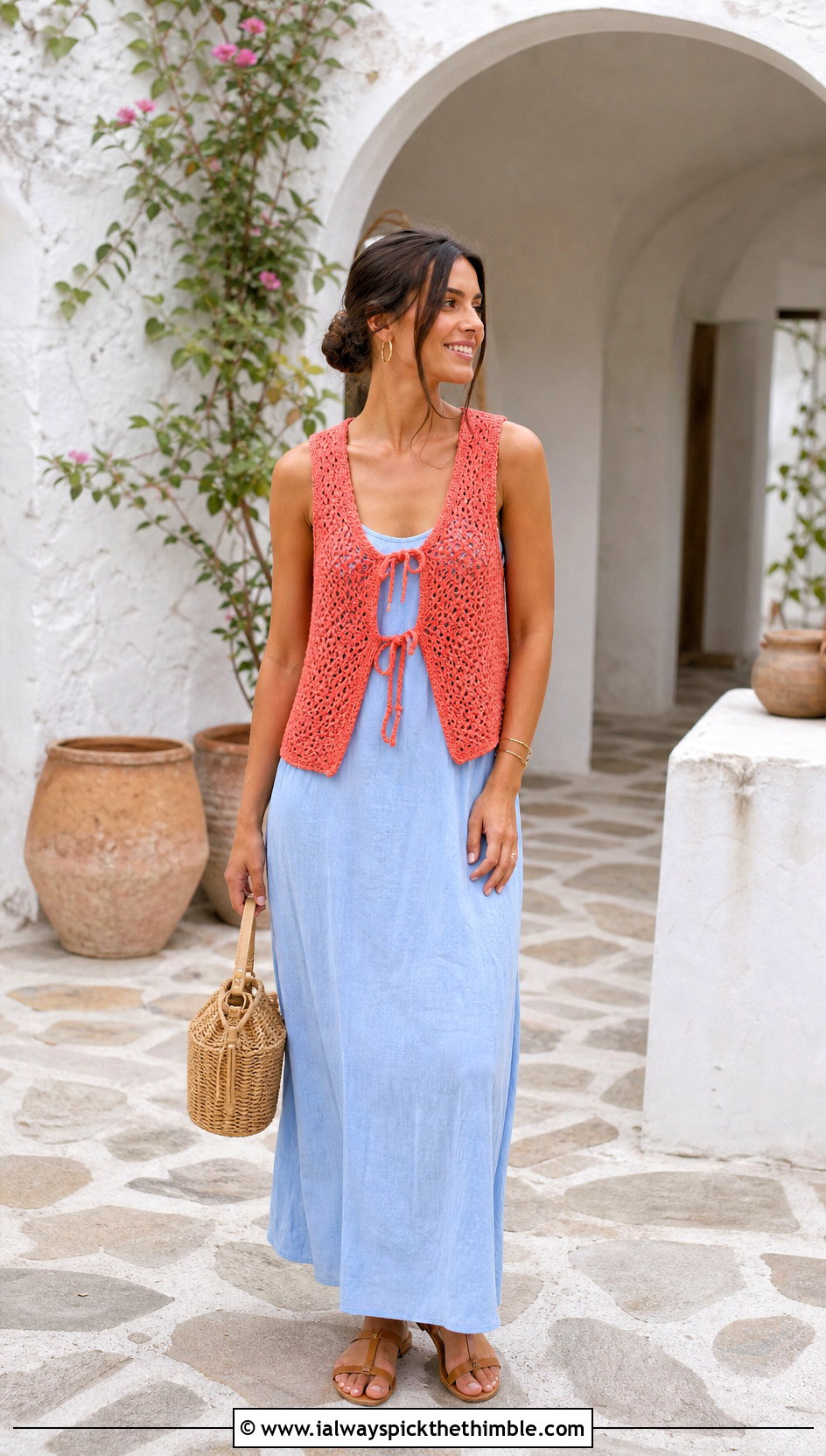 Tie Front Crochet Vest With Maxi Dress - 25 crochet vest outfit ideas