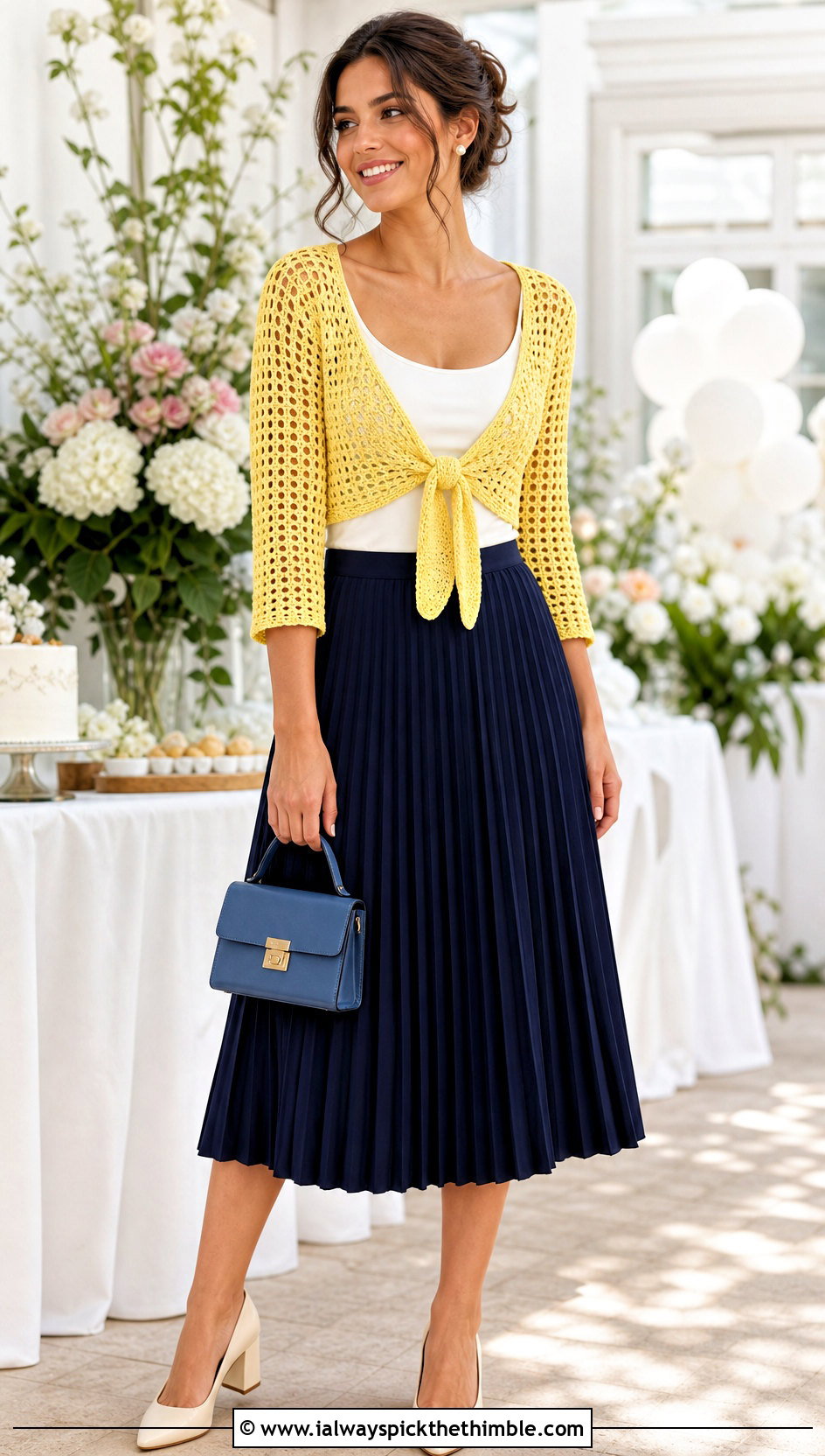 Tie Front Crochet Wrap Shrug With Pleated Skirt - 25 Crochet Wrap Shrug outfit ideas