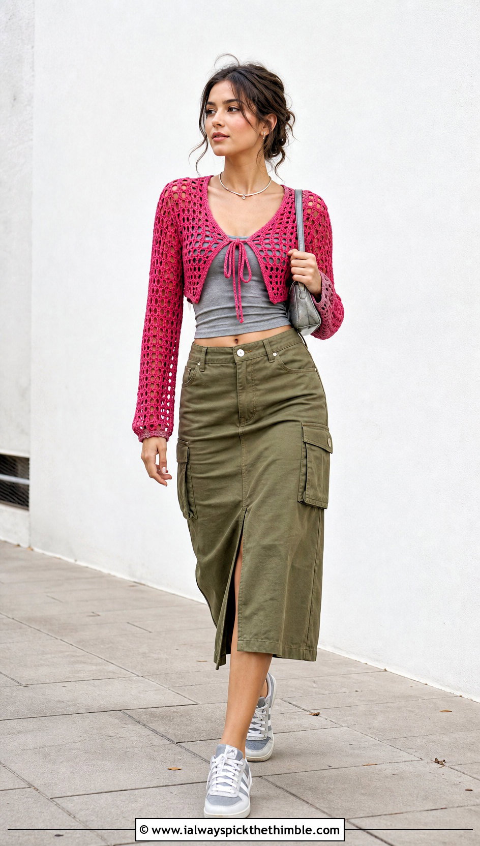 Tie Front Cropped Crochet Shrug With a Cargo Skirt - 20 crocheted cropped sweater outfit ideas