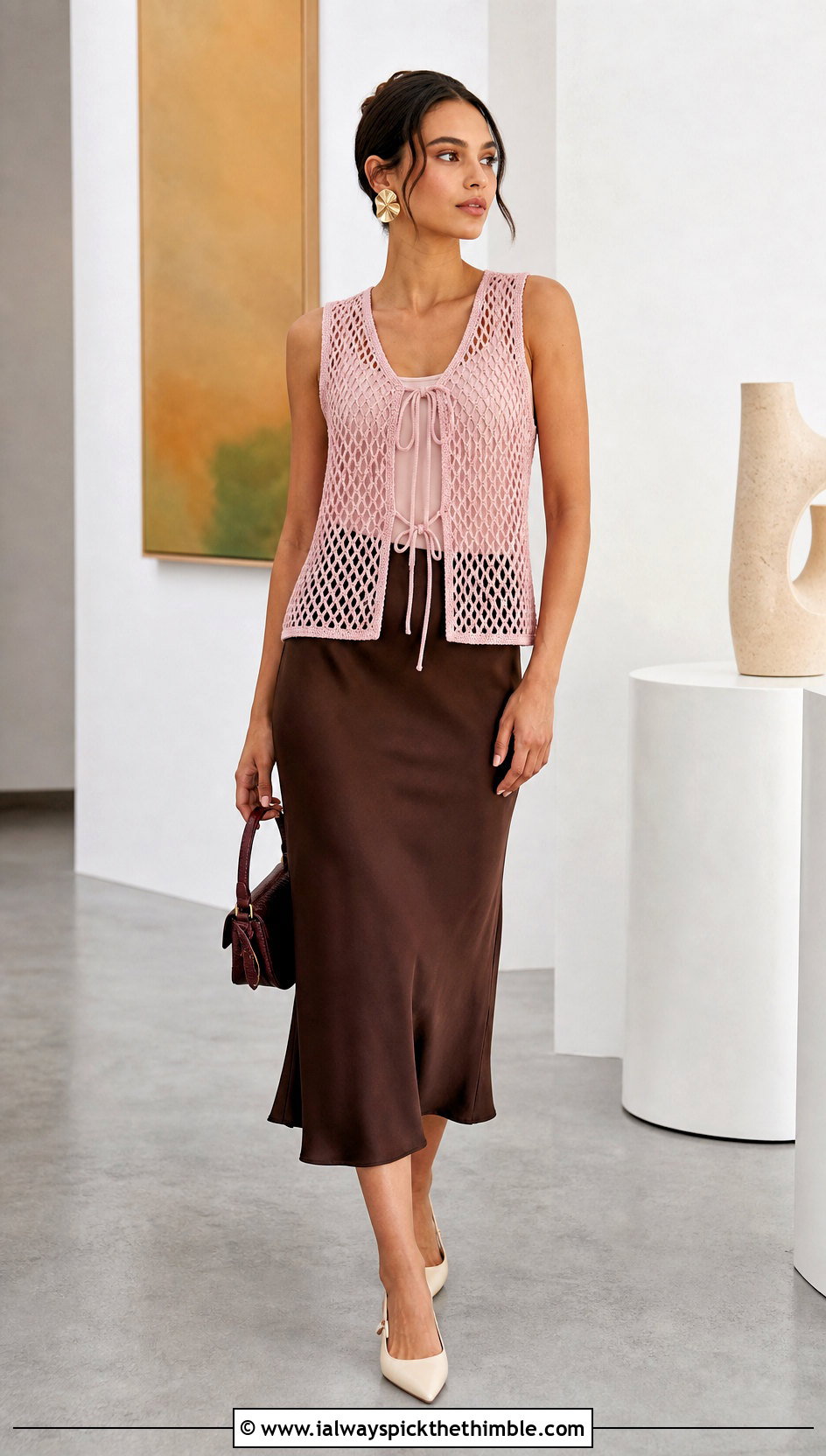 Tie Front Diamond Crochet Mesh Vest With Satin Skirt - 25 crochet mesh vest outfit ideas