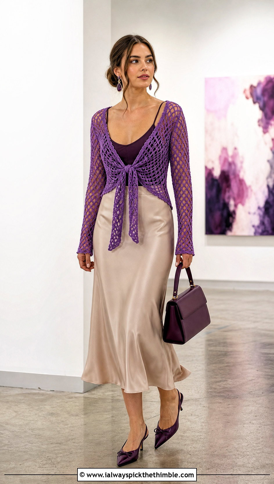 Tie Front Diamond Mesh Top With Satin Midi Skirt - 15 Crochet Long Sleeve Mesh Top outfit ideas