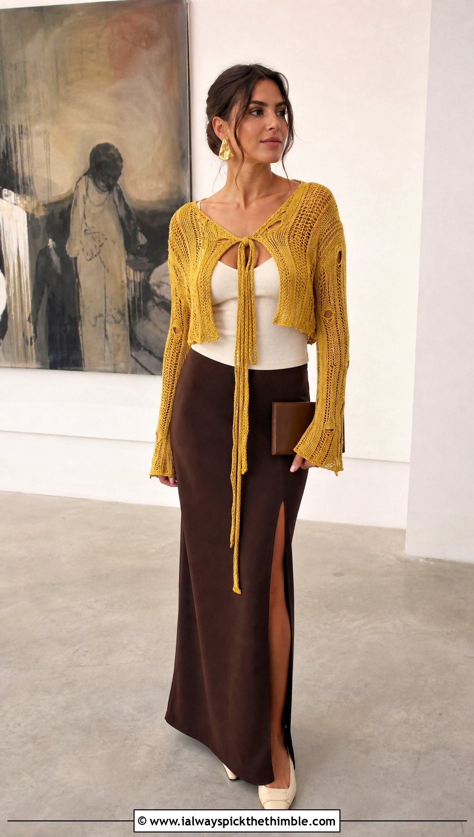 Tie Front Distressed Crochet Top With A Column Skirt - 25 Distressed Crochet Top outfit ideas