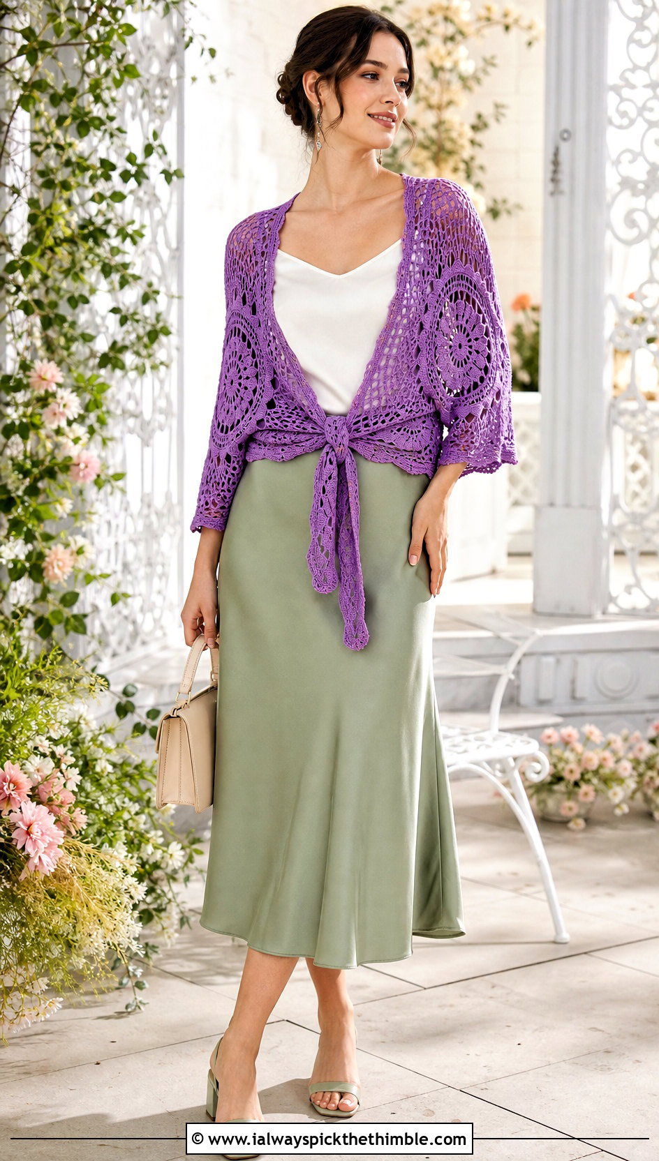 Tie Front Dream Catcher Cardigan With A Line Midi Skirt - 20 dream catcher crochet cardigan outfit ideas