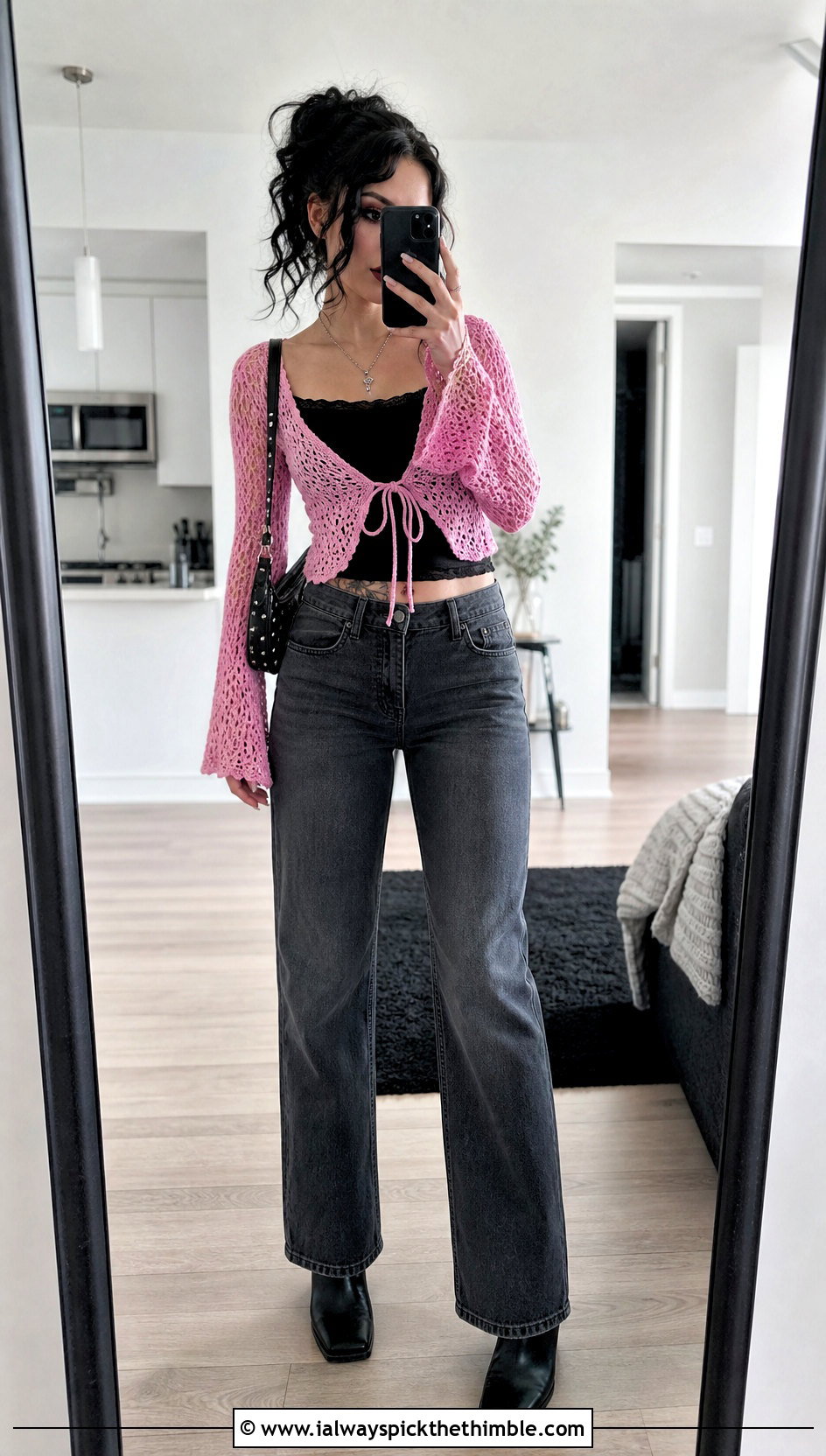 Tie Front Goth Crochet Cardigan With Straight Leg Jeans - 15 goth crochet cardigan outfit ideas